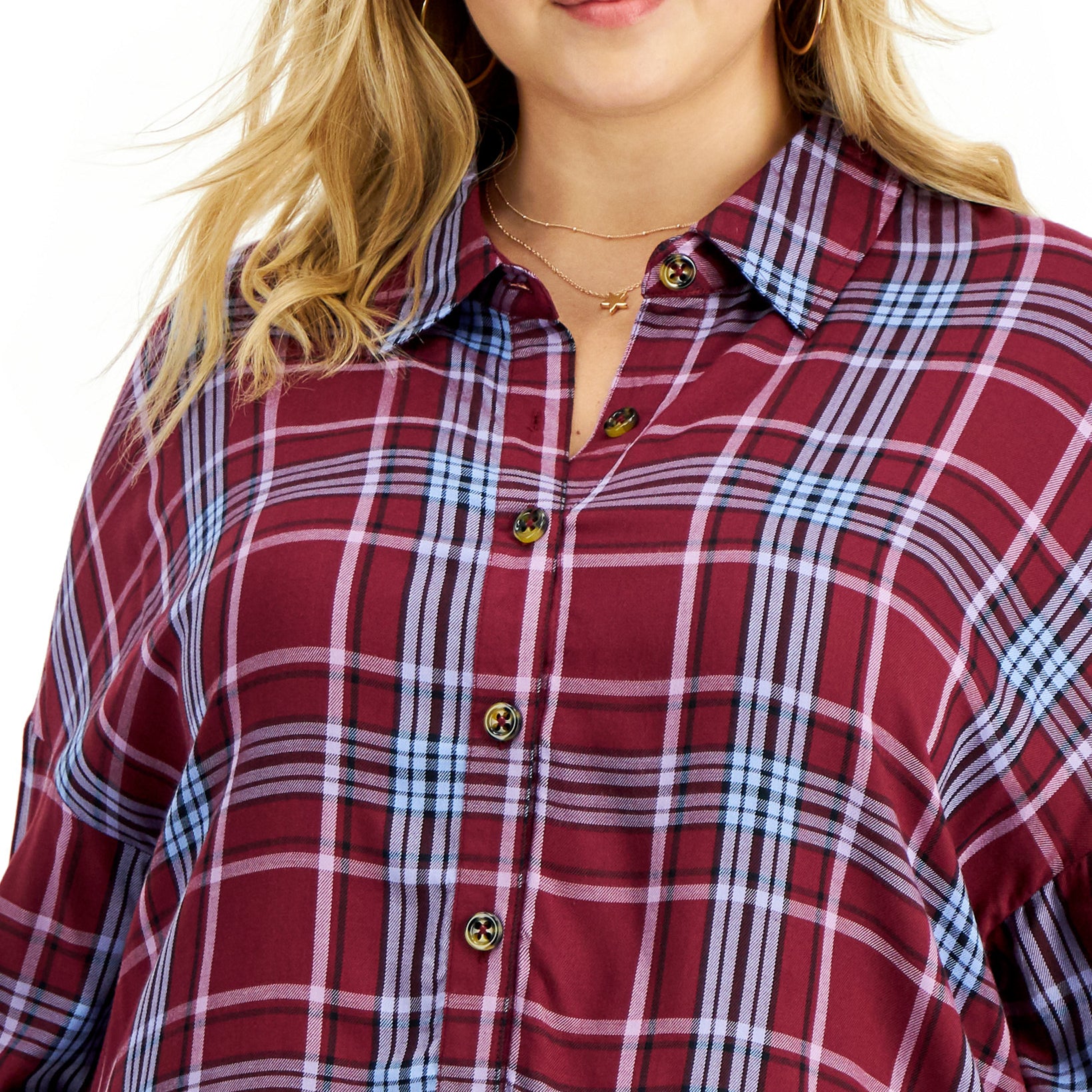 Love, Fire Women Plus Raw Hem Plaid Button Down Top