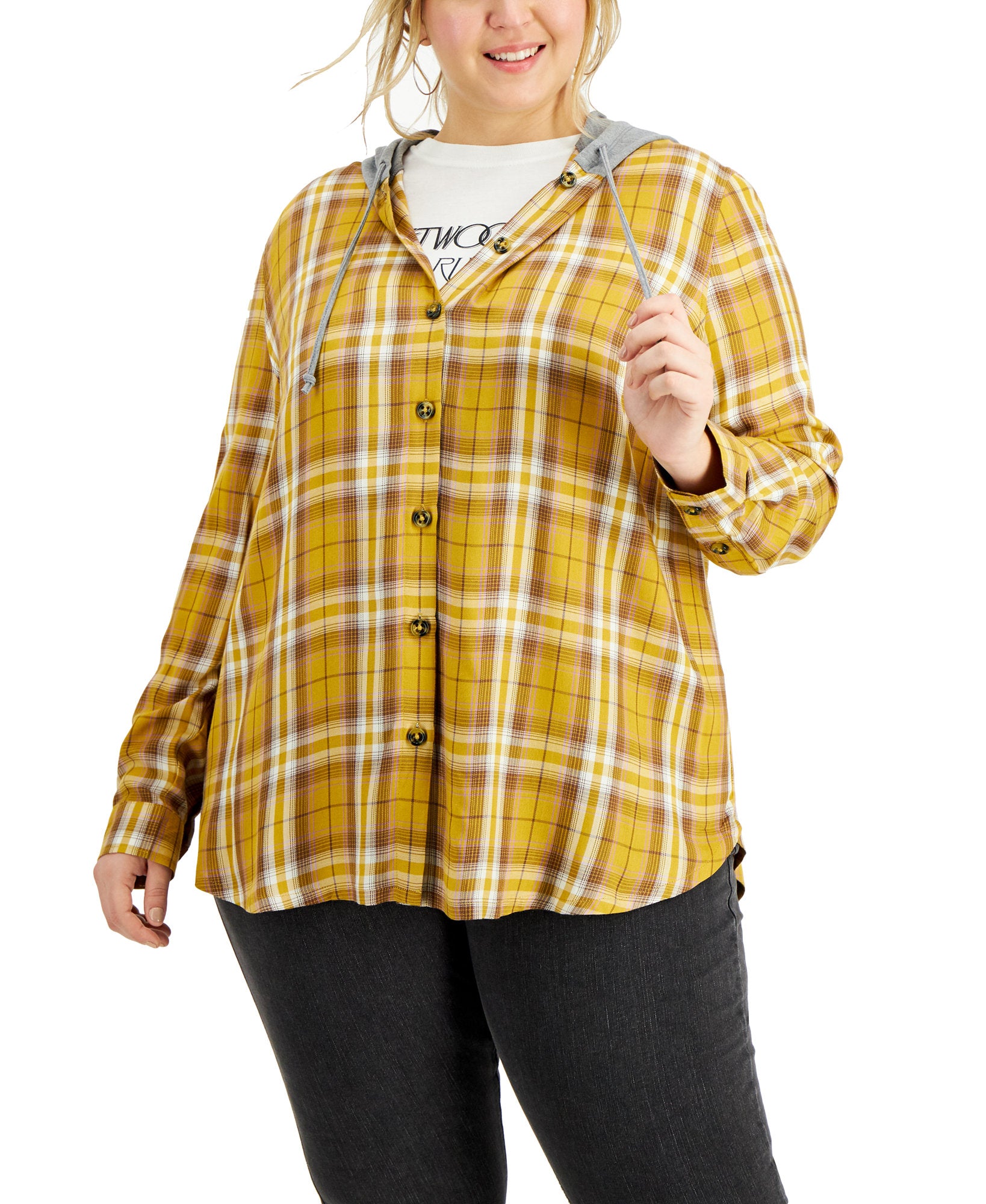 Love, Fire Women Plus Trendy Hooded Plaid Button Front Shirt Mustard Cream