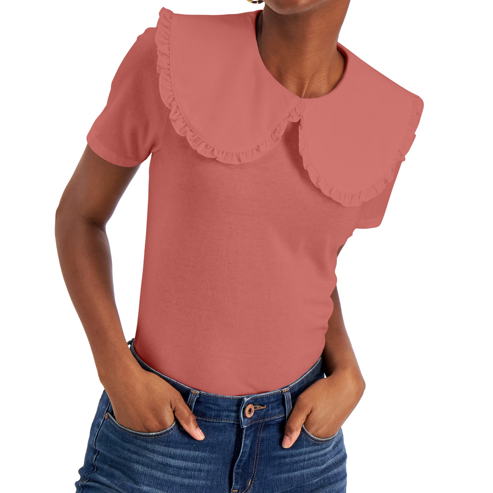 INC International Concepts Women Ruffled Collar T Shirt French Peach