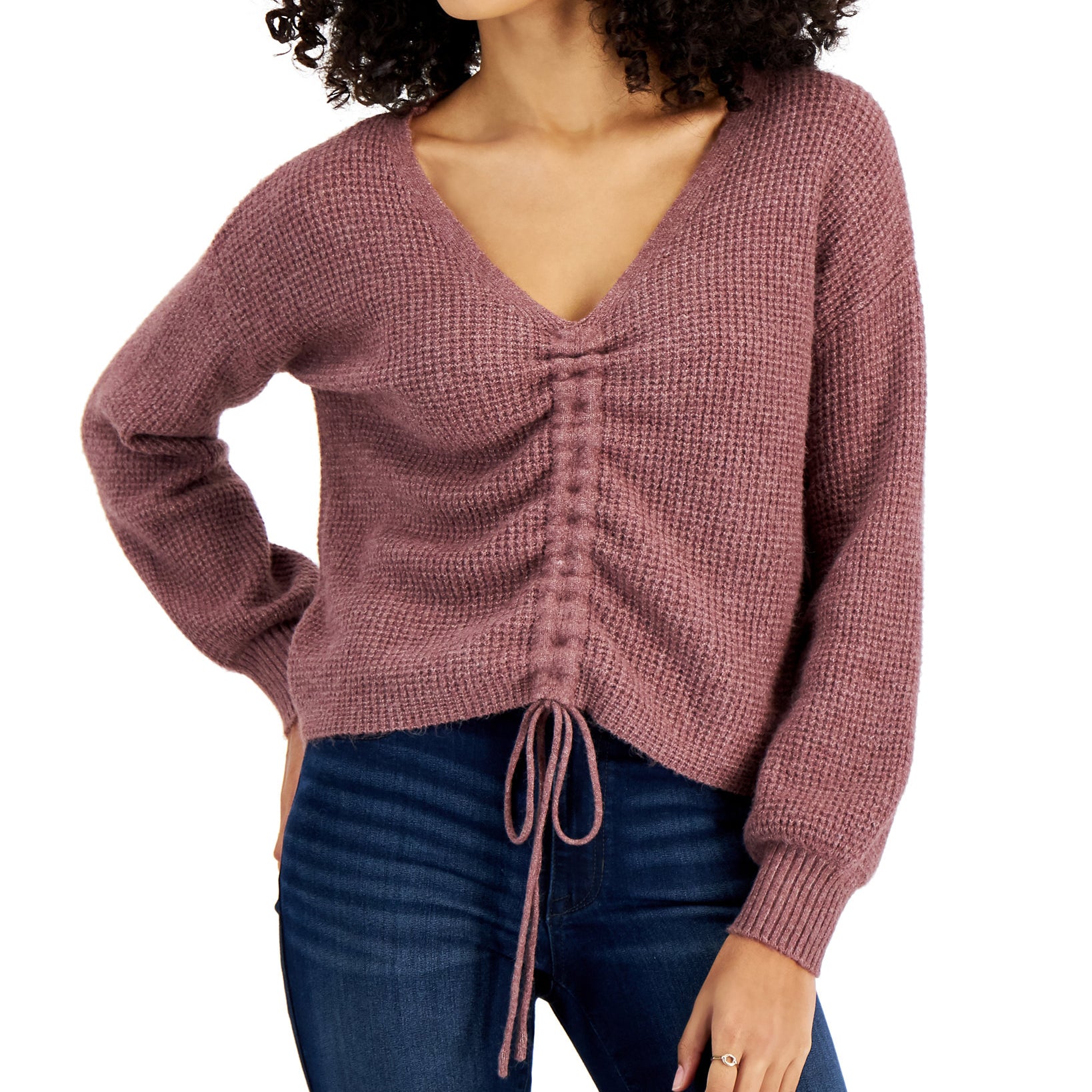 Hippie Rose Women Drawstring V Neck Sweater Plum