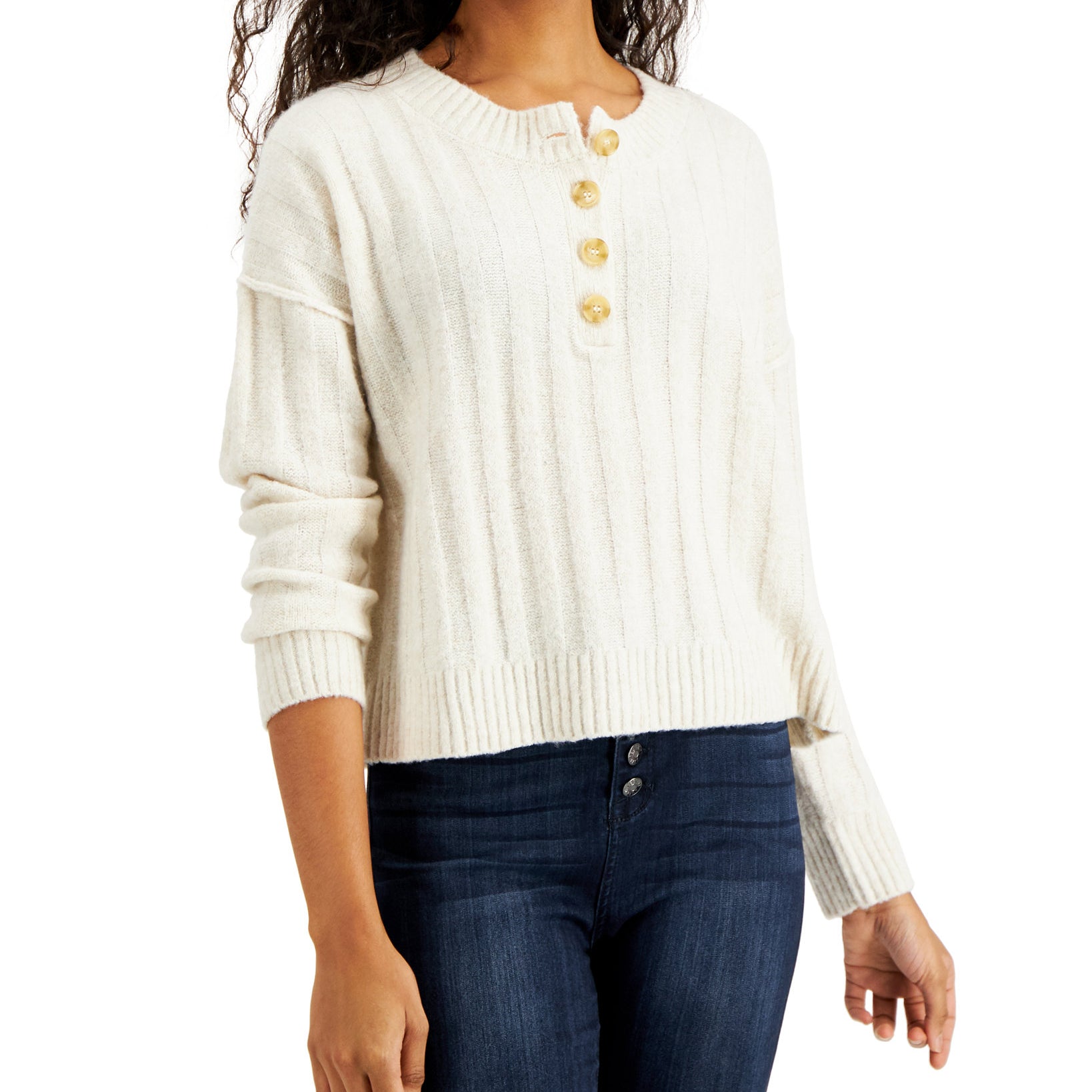 Hippie Rose Women Ribbed Henley Sweater Heather Oatmeal