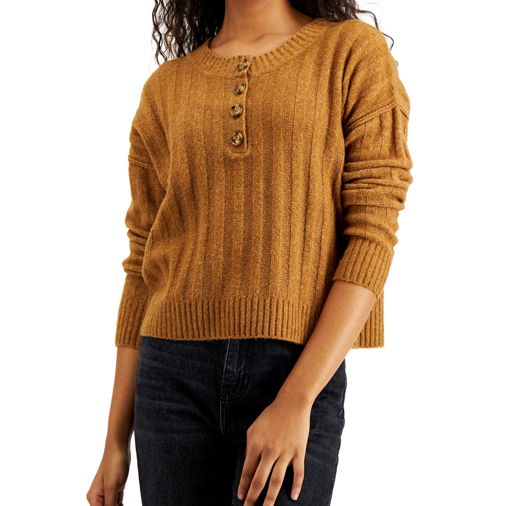 Hippie Rose Women Ribbed Henley Sweater Caramel