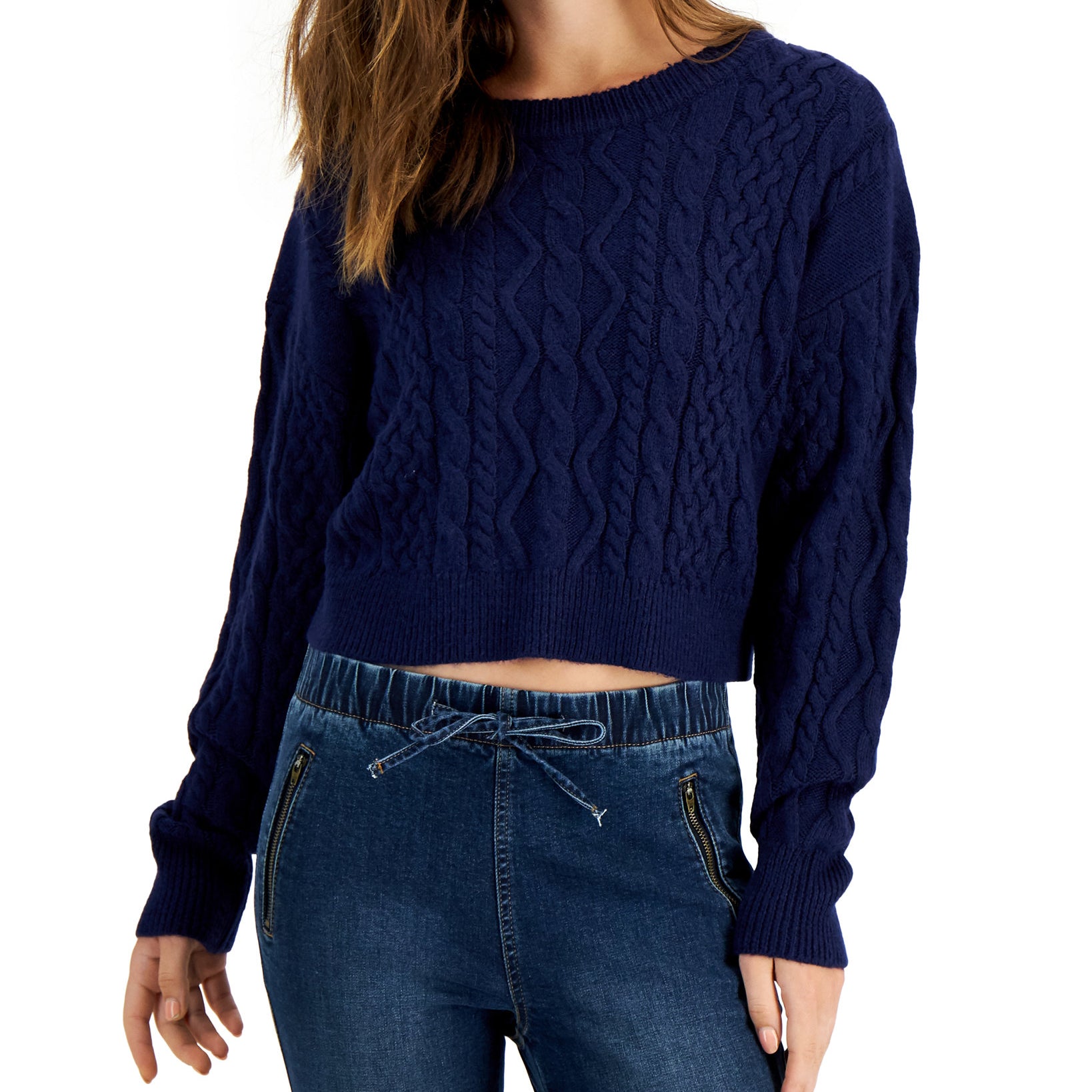 Sugar Moon Women Cropped Cable Knit Sweater Peacoat