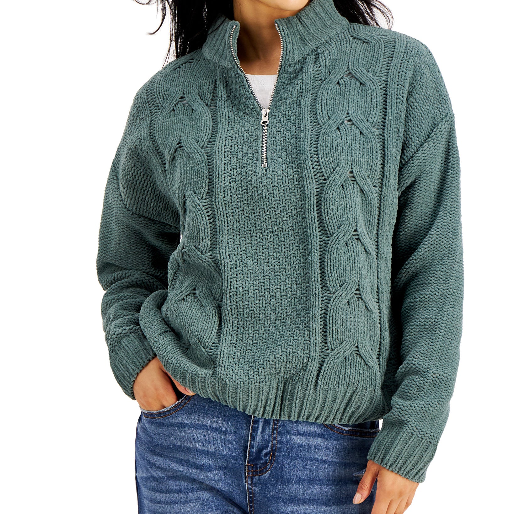Hooked Up by IOT Women Chenille Cable Knit Sweater Stormy Sage
