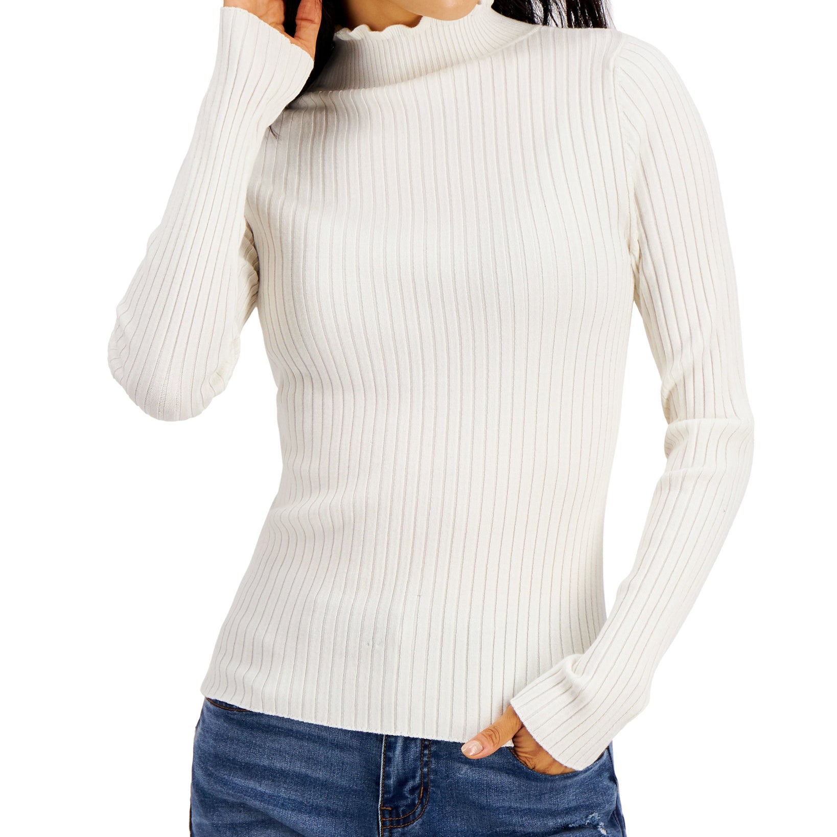 Hooked Up by IOT Women Lettuce Edge Ribbed Sweater White