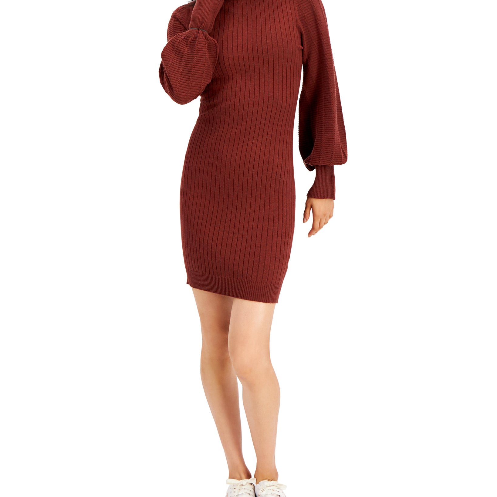Hooked Up by IOT Women Balloon Sleeve Sweater Dress Tawny Melange