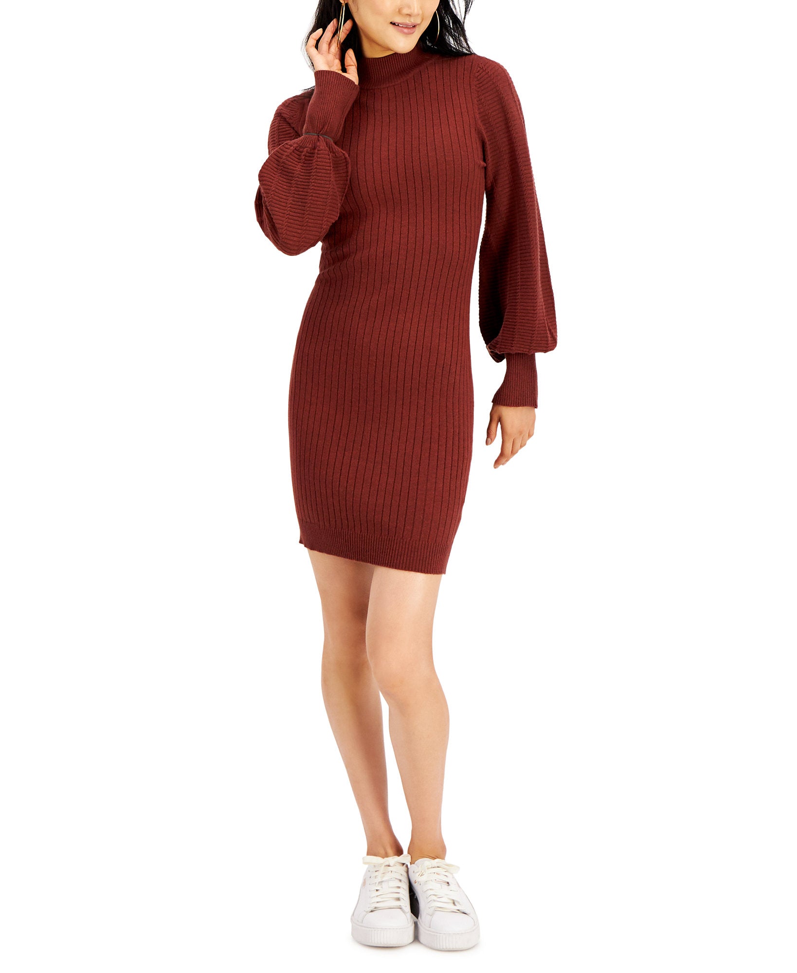 Hooked Up by IOT Women Balloon Sleeve Sweater Dress Tawny Melange