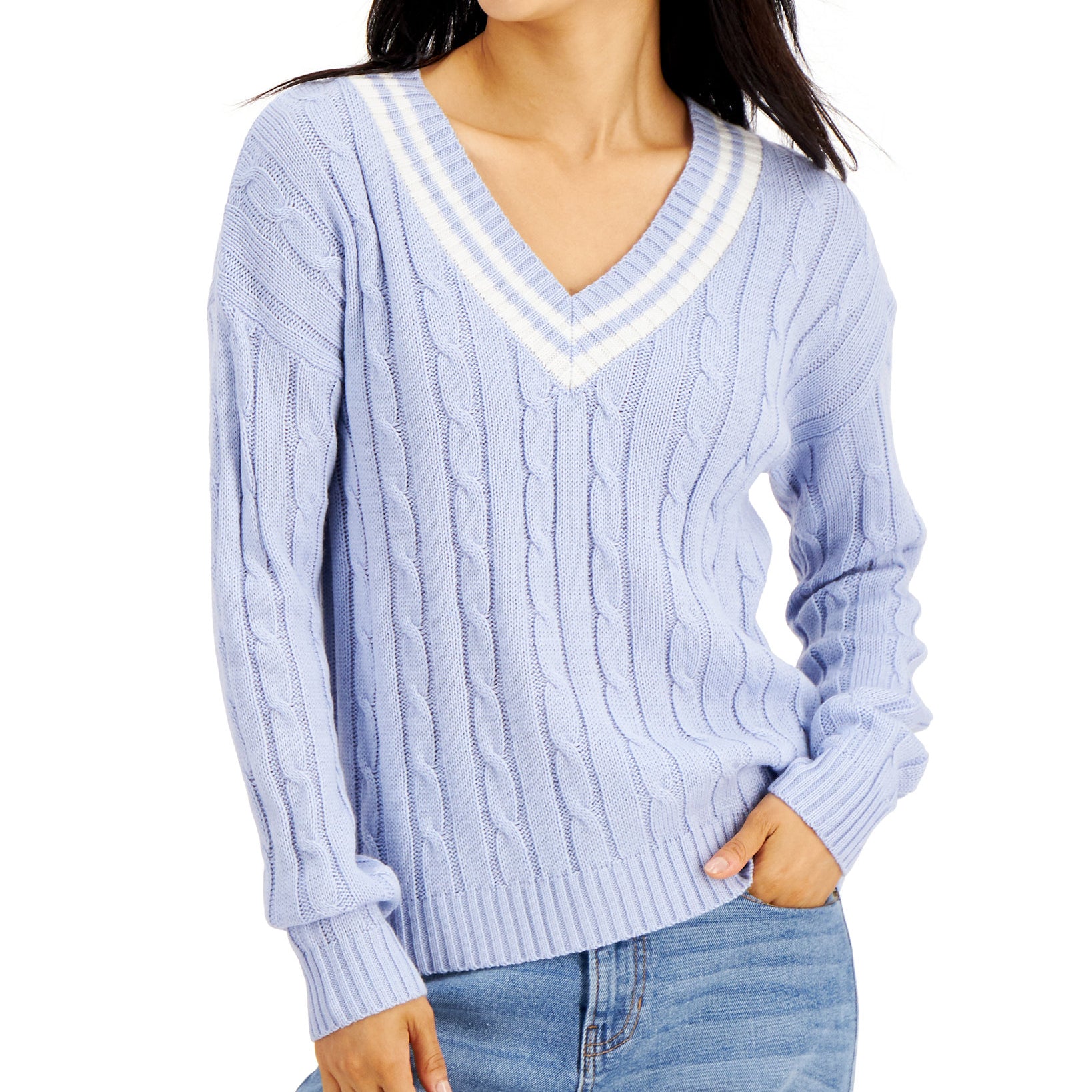 Hooked Up by IOT Women Varsity Cable Knit Sweater Kntcky Blue Combo