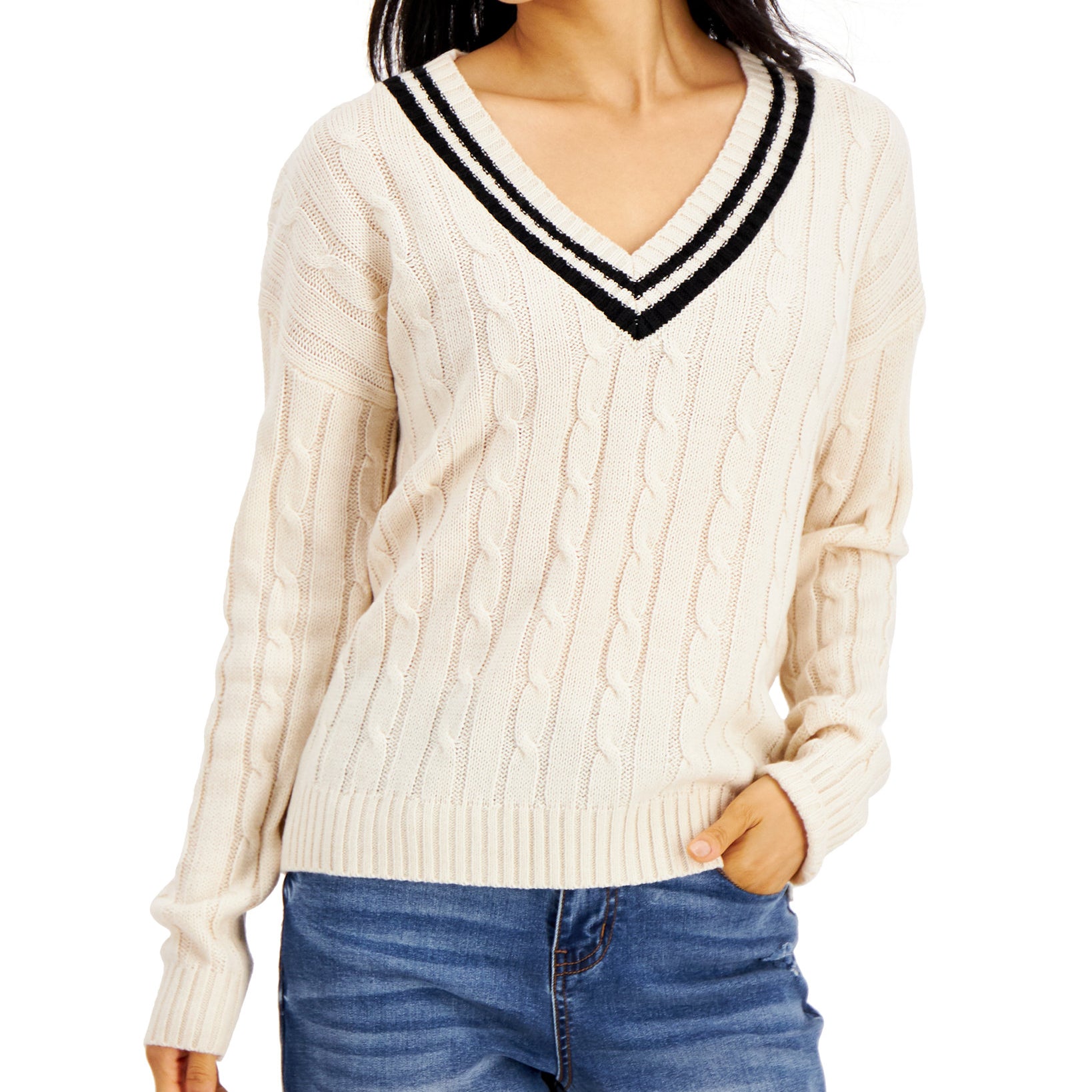 Hooked Up by IOT Women Varsity Cable Knit Sweater White