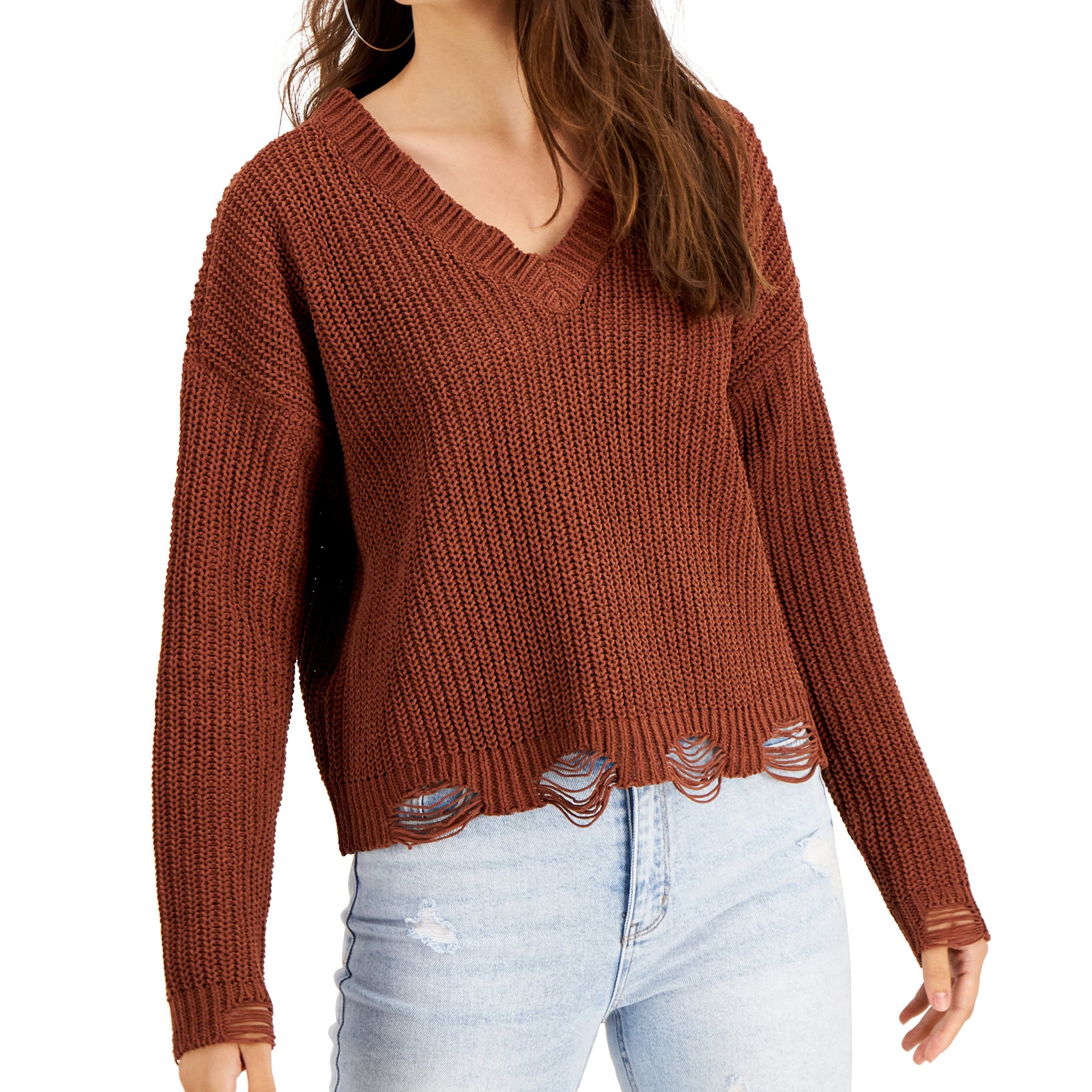 Planet Gold Women Deconstructed Chenille Sweater Brown