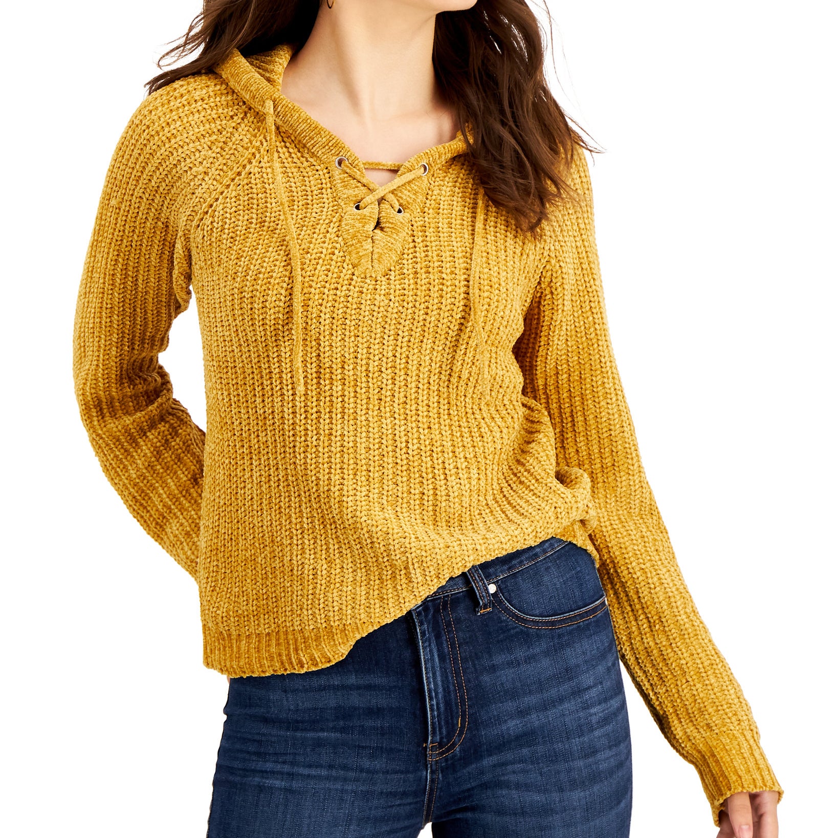 Planet Gold Women Lace Up Chenille Hoodie Narcissus