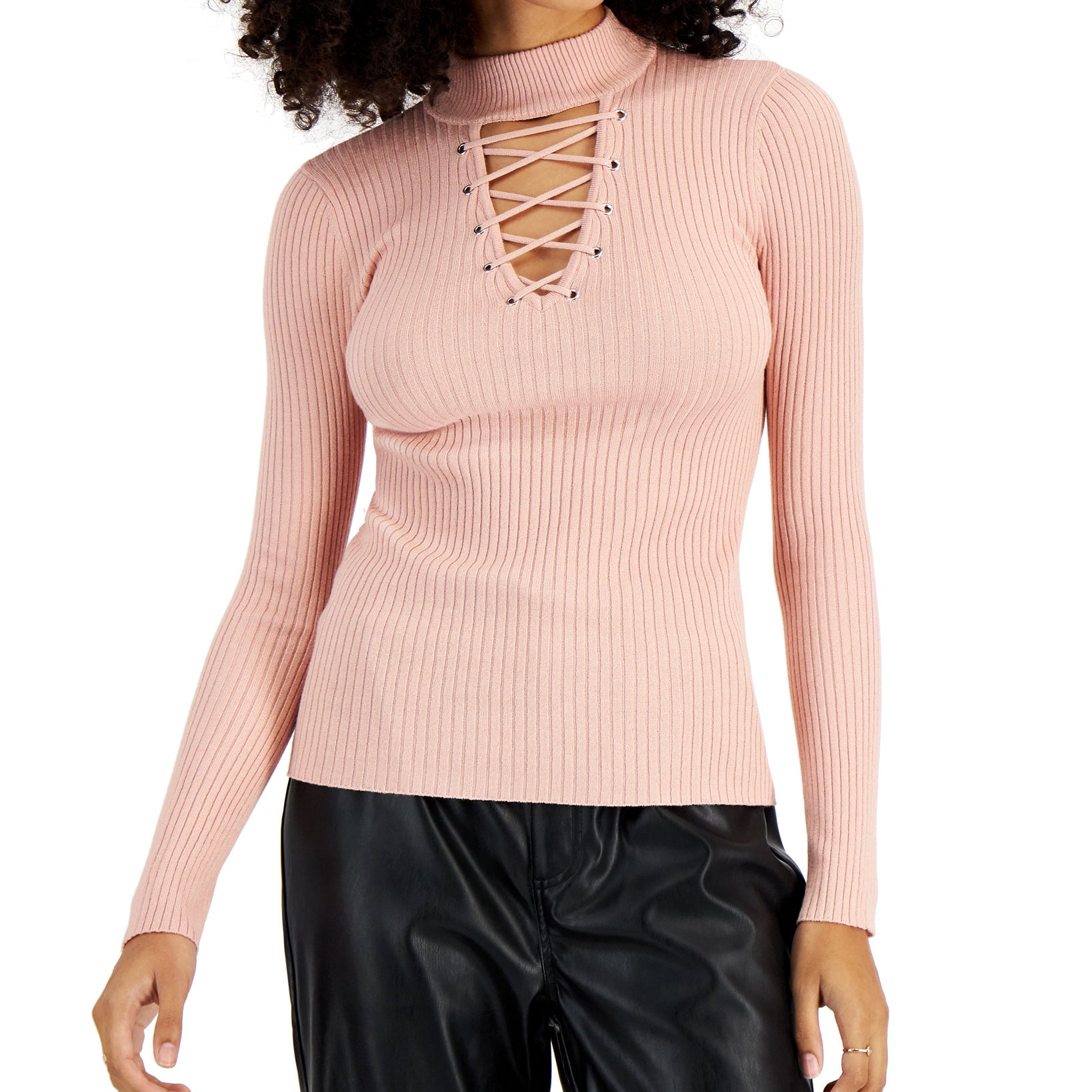 Planet Gold Women Lace Up Mock Neck Sweater Misty Rose