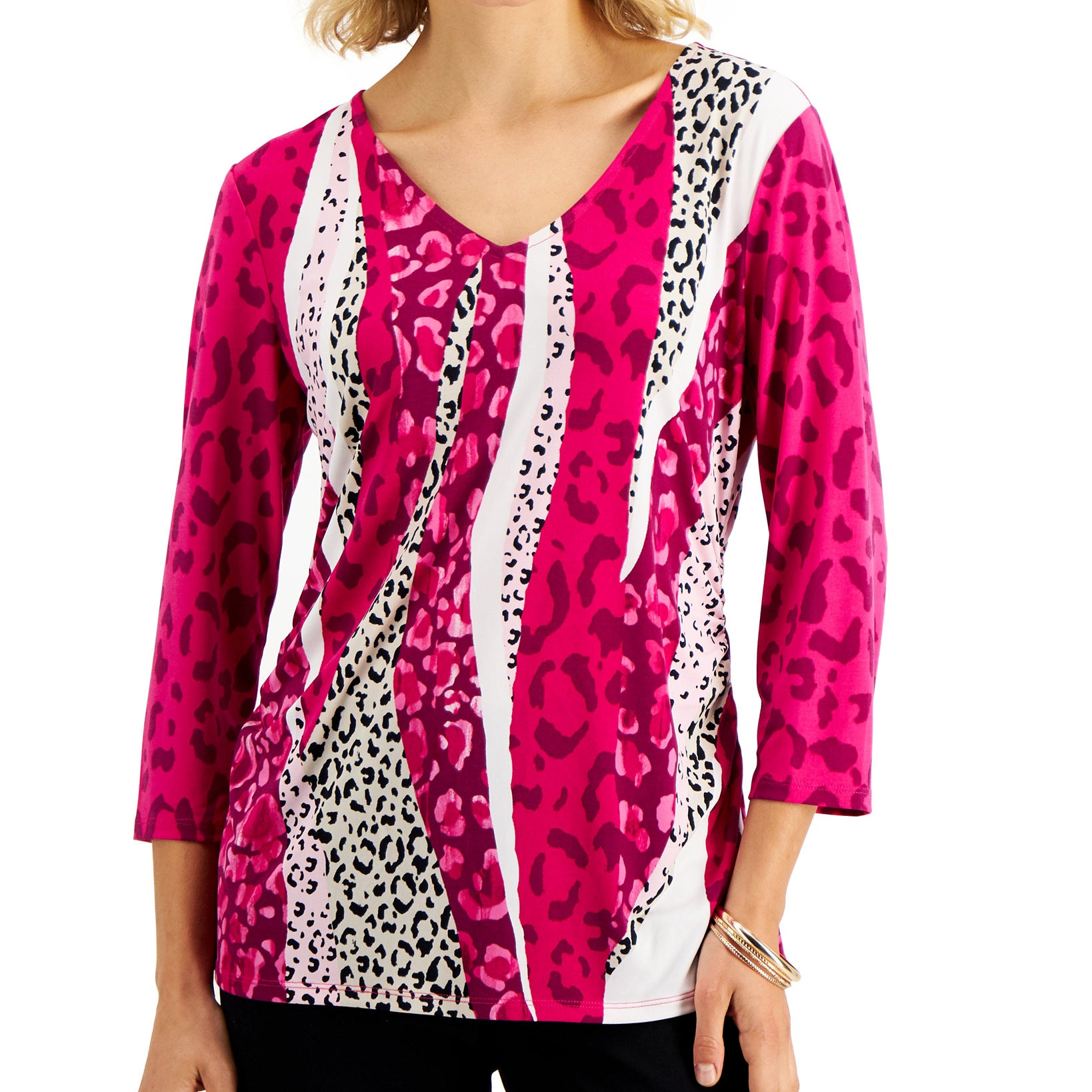 JM Collection Women Petite Mixed Print Ruched Top Bold Berry Combo