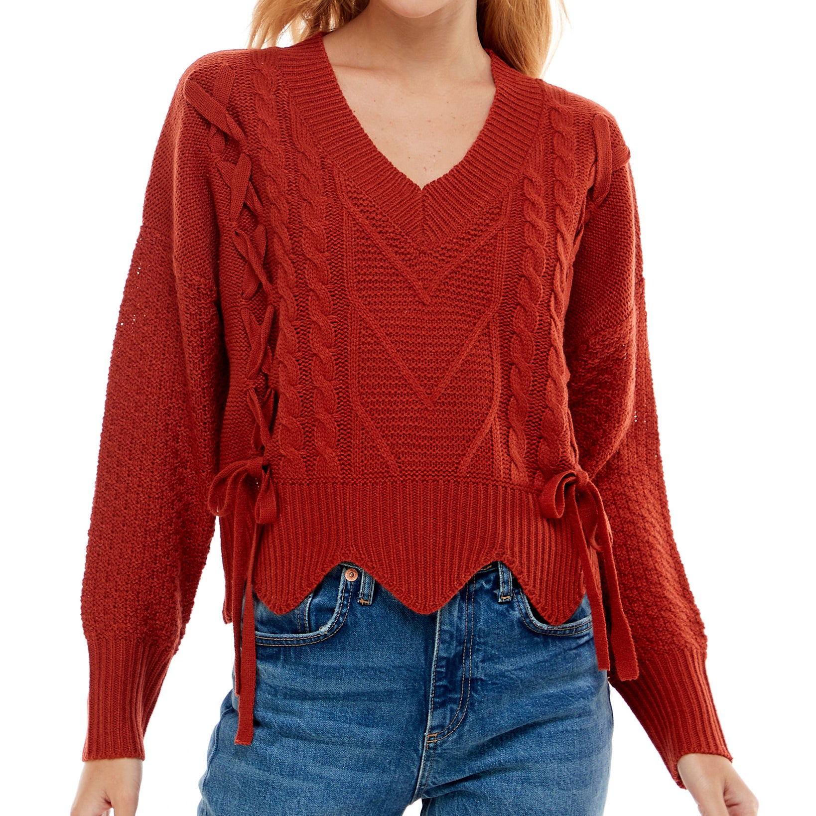 Ultra Flirt Women Mixed Cable Knit Sweater Red