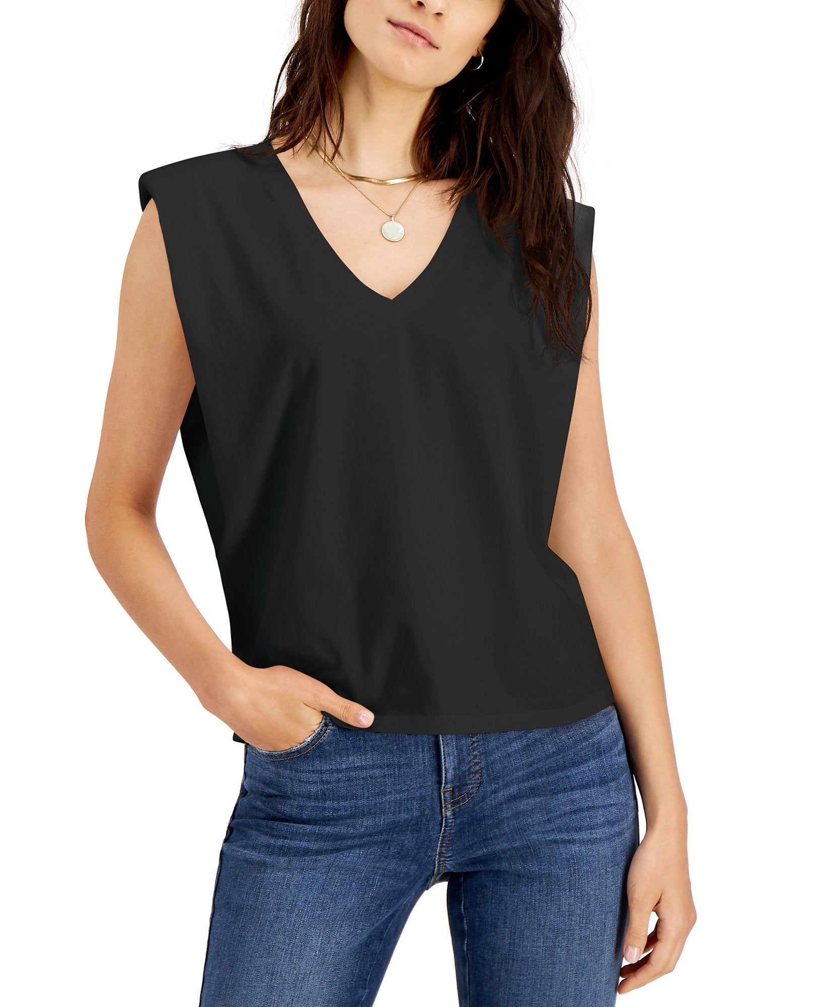 INC International Concepts Women Strong Shoulder V Neck T Shirt Deep Black