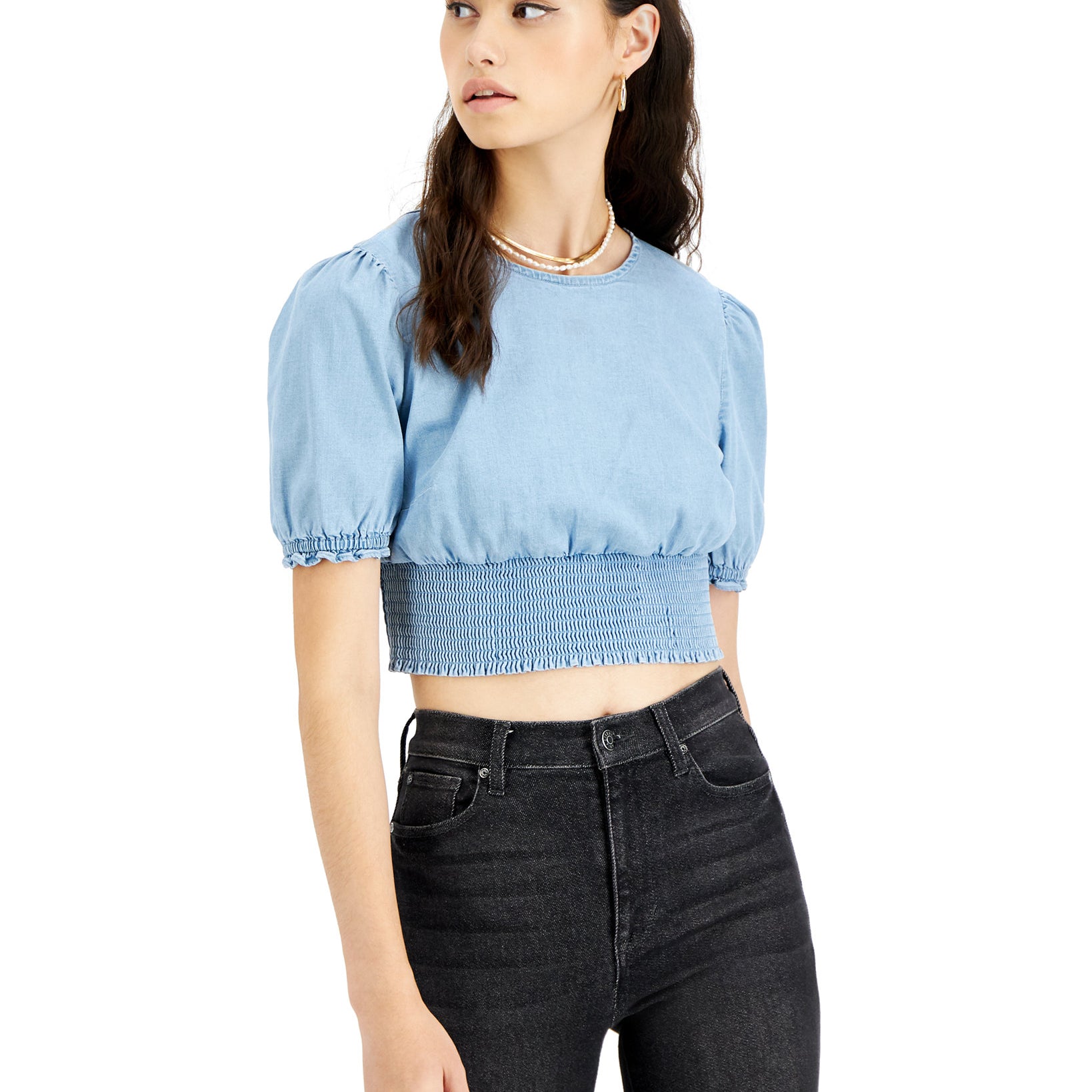 Bar III Women Chambray Puff Sleeve Top