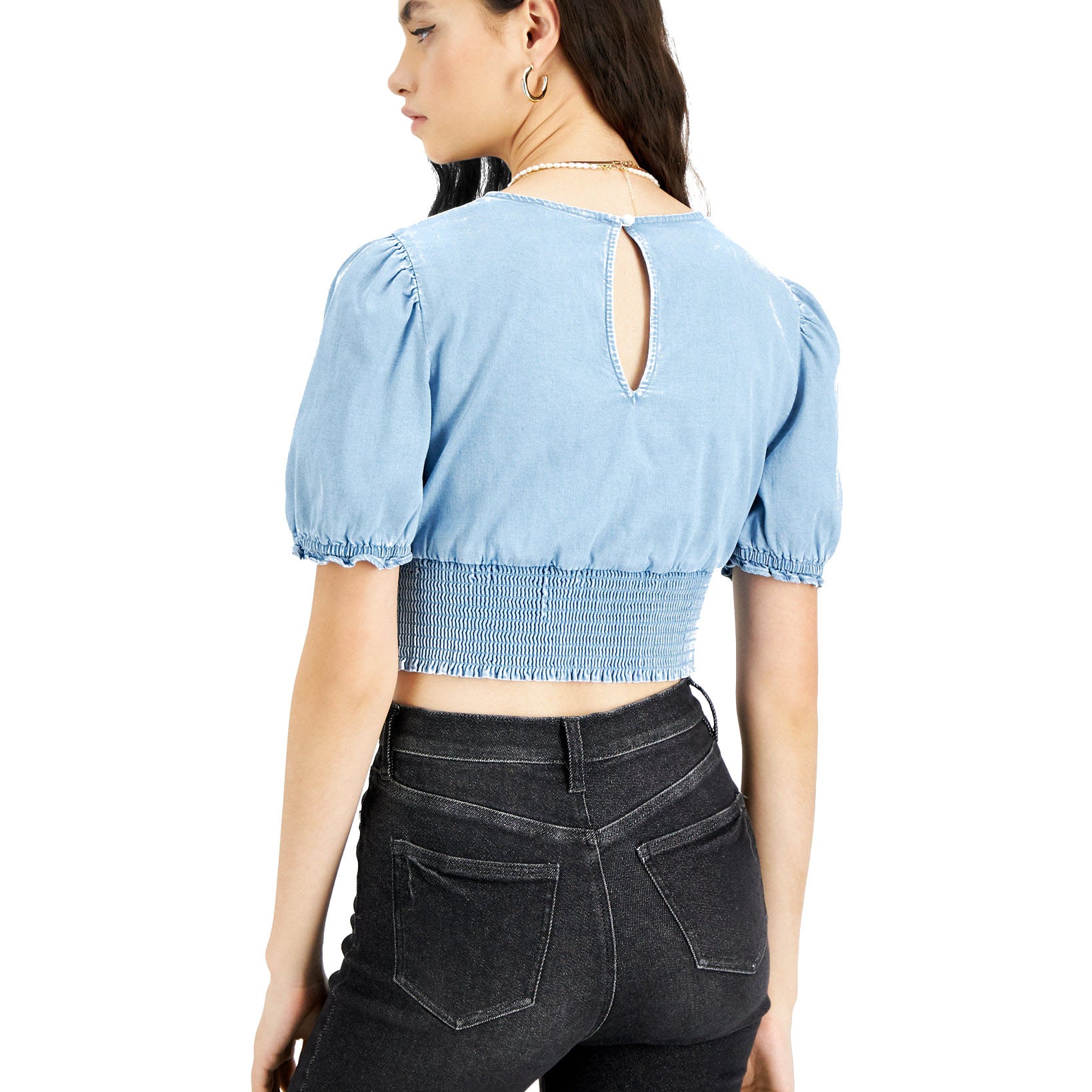 Bar III Women Chambray Puff Sleeve Top