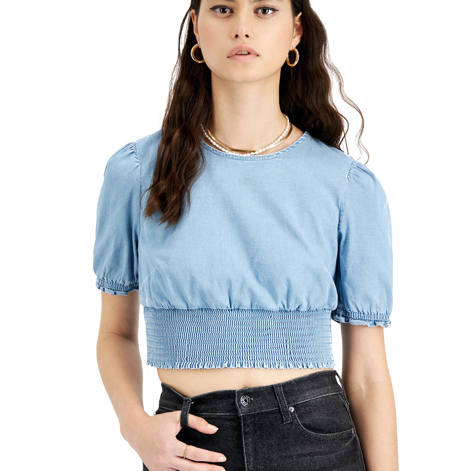 Bar III Women Chambray Puff Sleeve Top Chambray