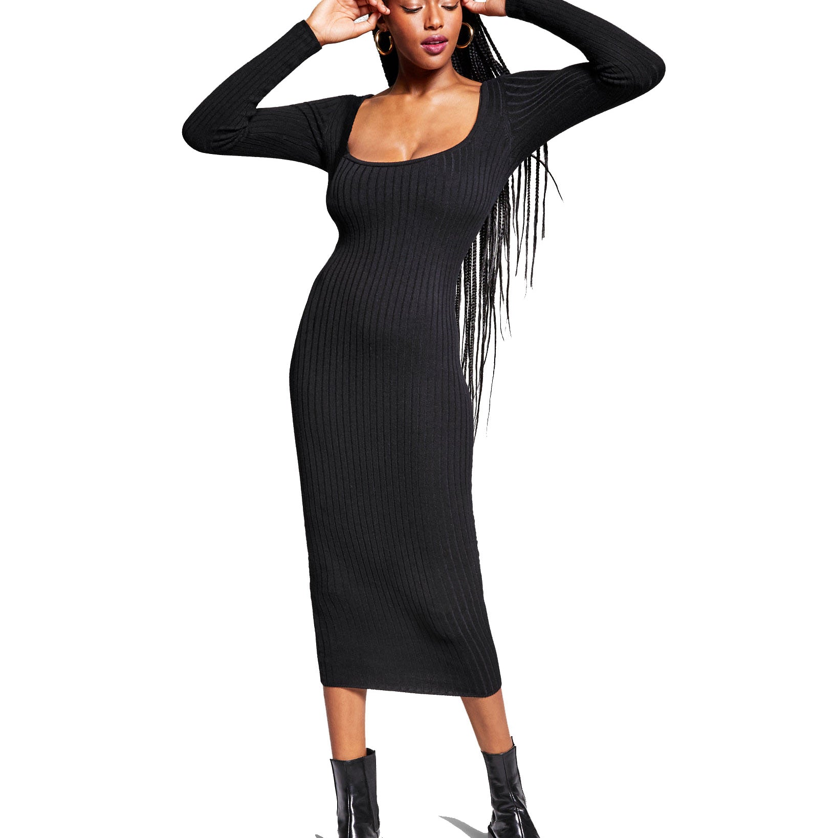 INC International Concepts Women Jeannie Mai x Selena Ribbed Bodycon Dress Deep Black