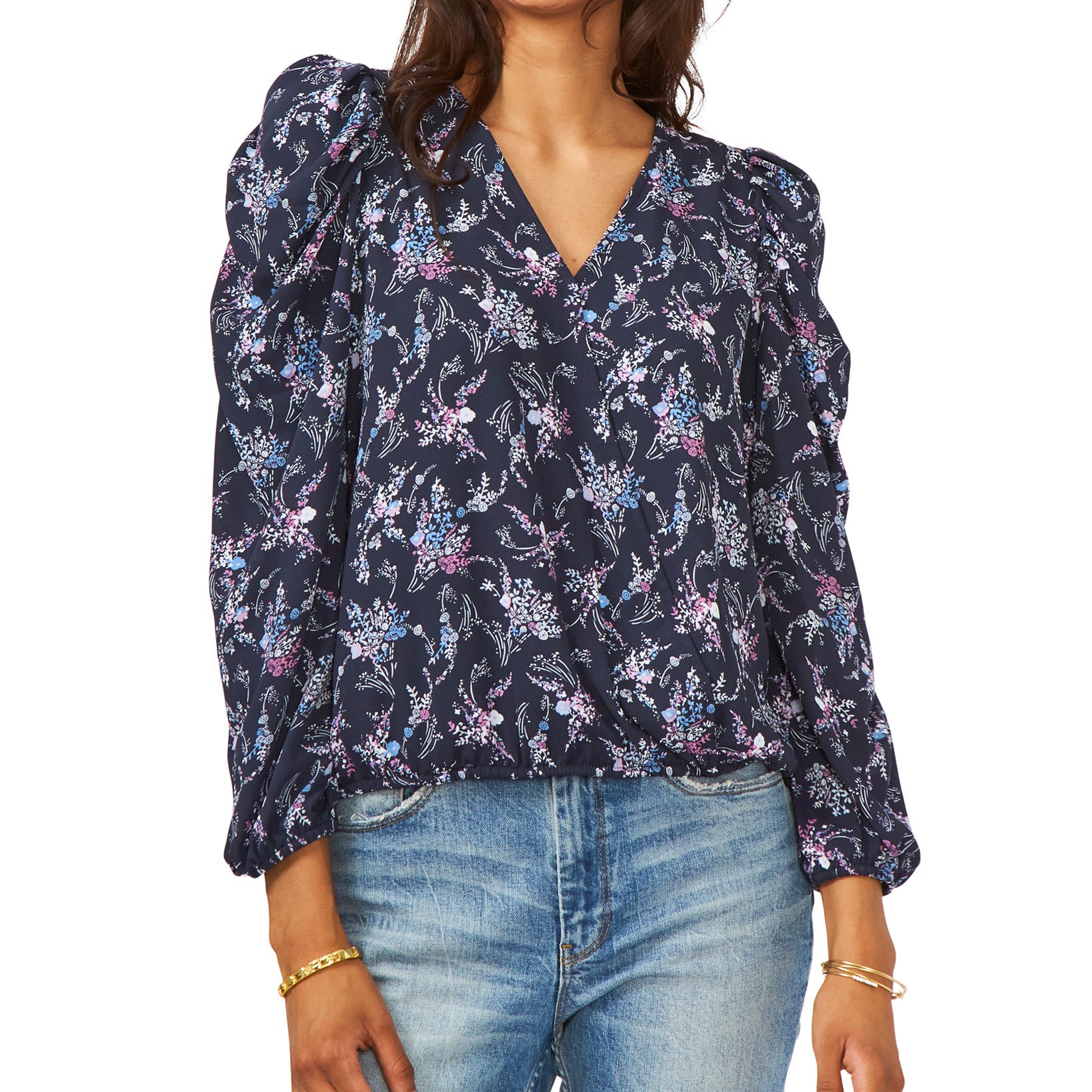 Sam & Jess Women Surplice Puff Sleeve Top Blue Black Floral