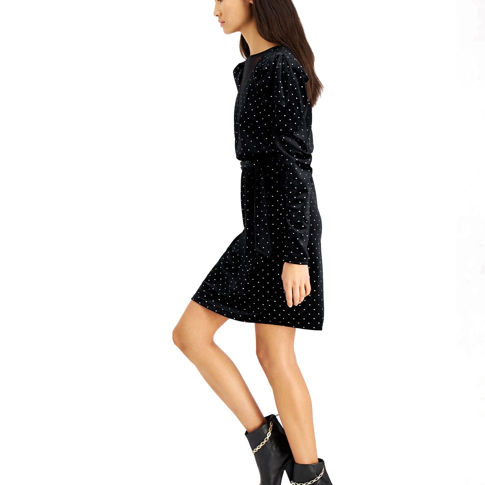 INC International Concepts Women Dot Print Velvet Puff Sleeve Dress