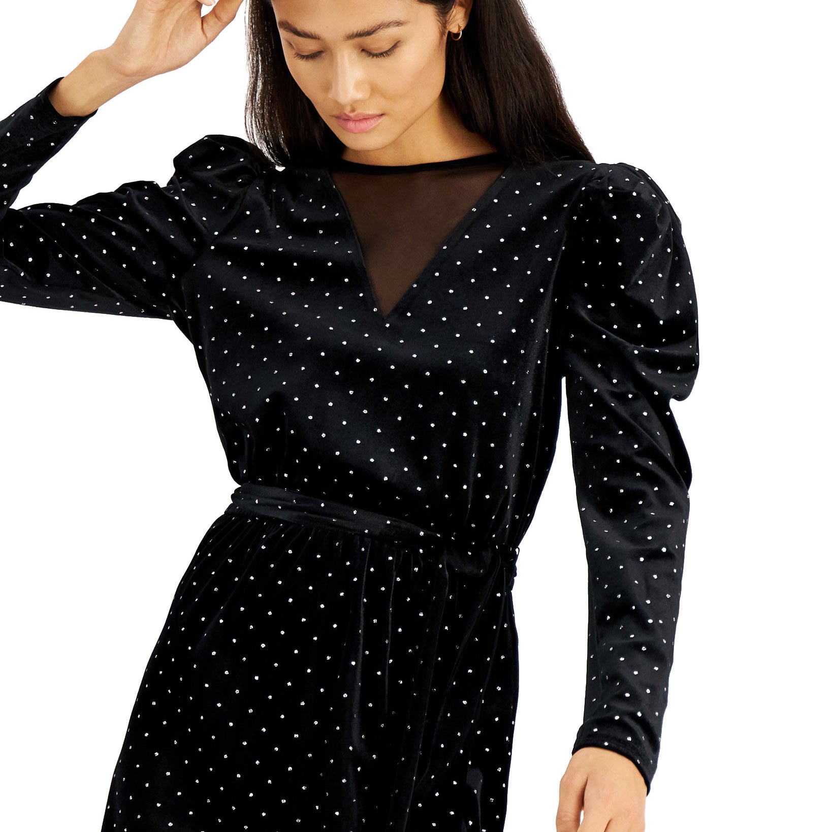 INC International Concepts Women Dot Print Velvet Puff Sleeve Dress