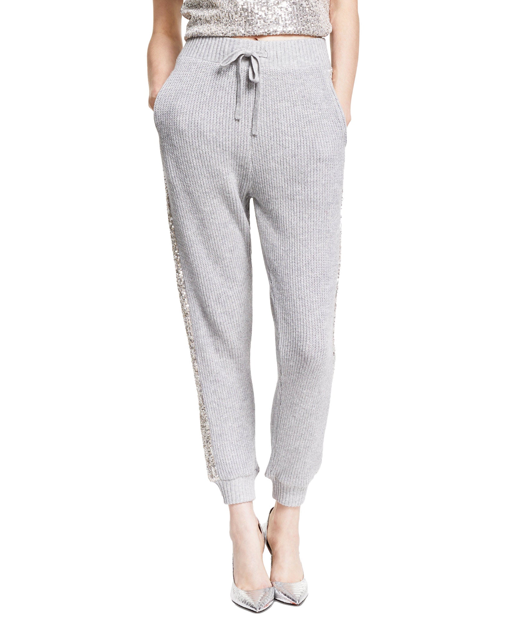 INC International Concepts Women Petite Sequined Jogger Pants Silver