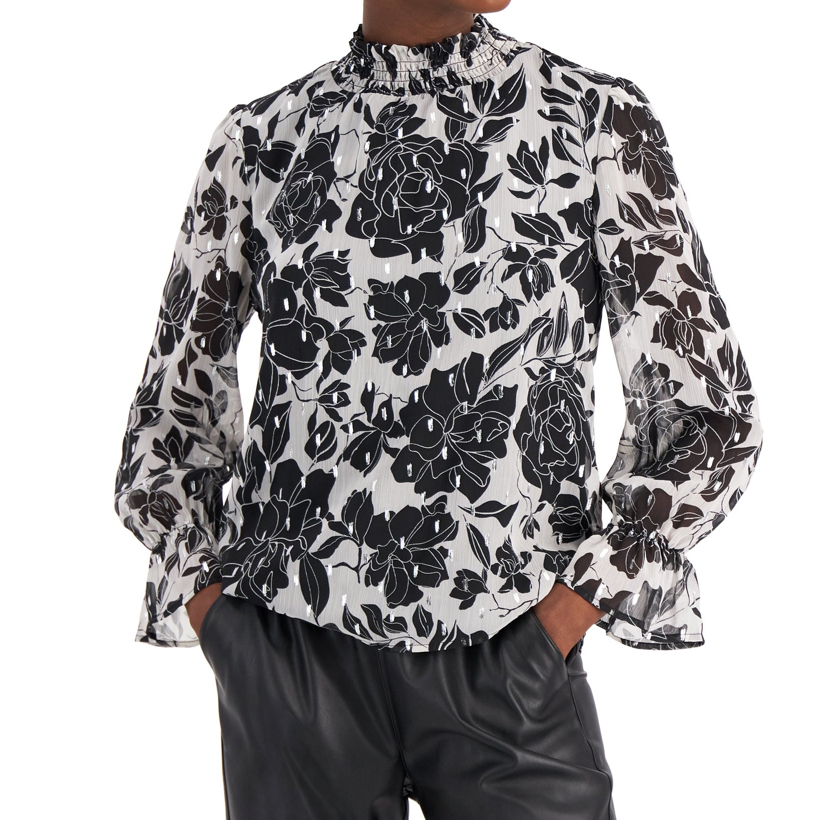 Willow Drive Women Ruffled Mock Neck Top Black Floral