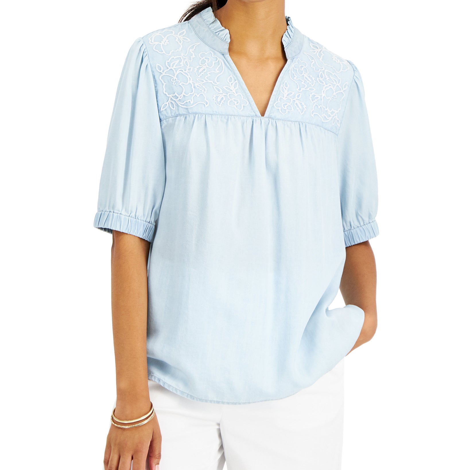 Charter Club Women Elbow Sleeve Chambray Top Bright White Combo