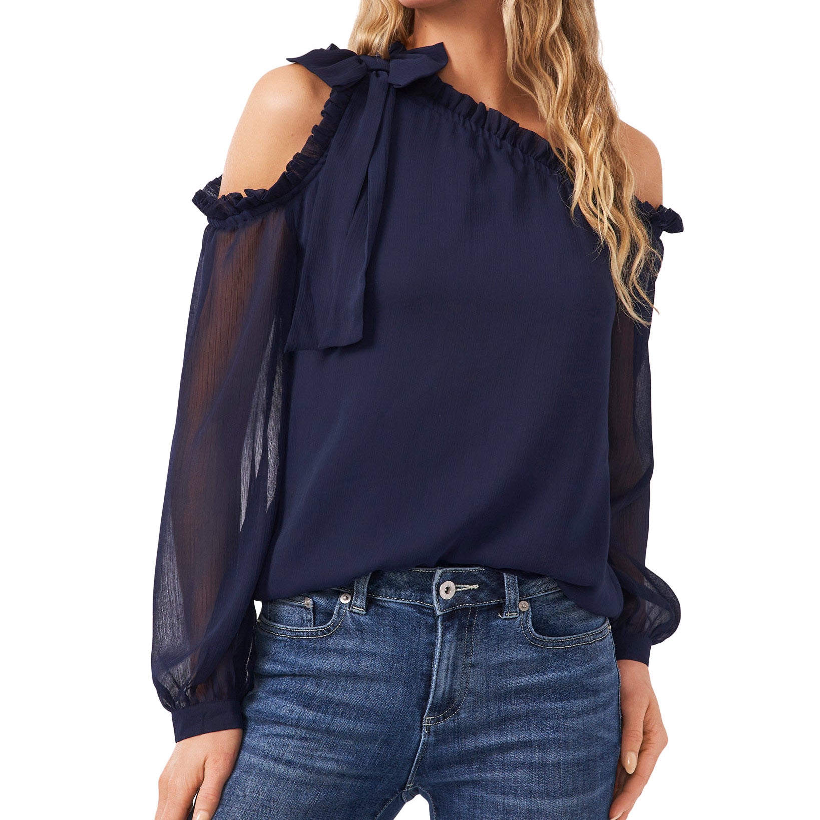 CeCe Women Petite Solid One Shoulder Top Navy