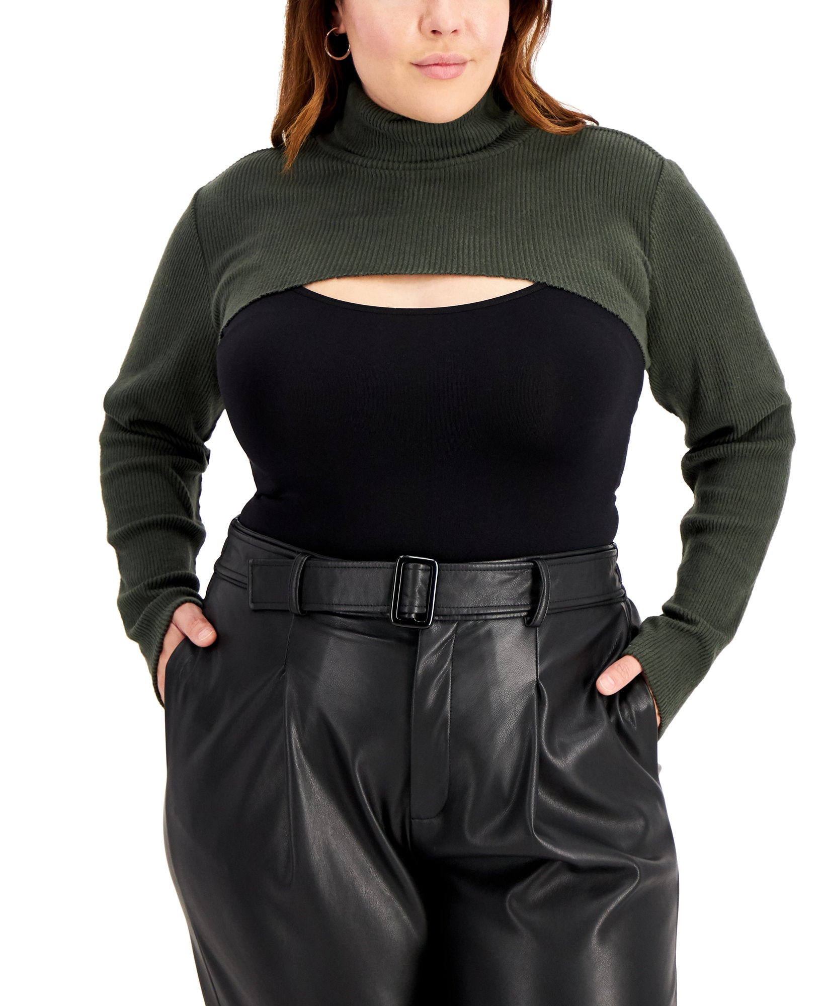 FULL CIRCLE TRENDS Women Plus Super Crop Turtleneck Top Forest Night