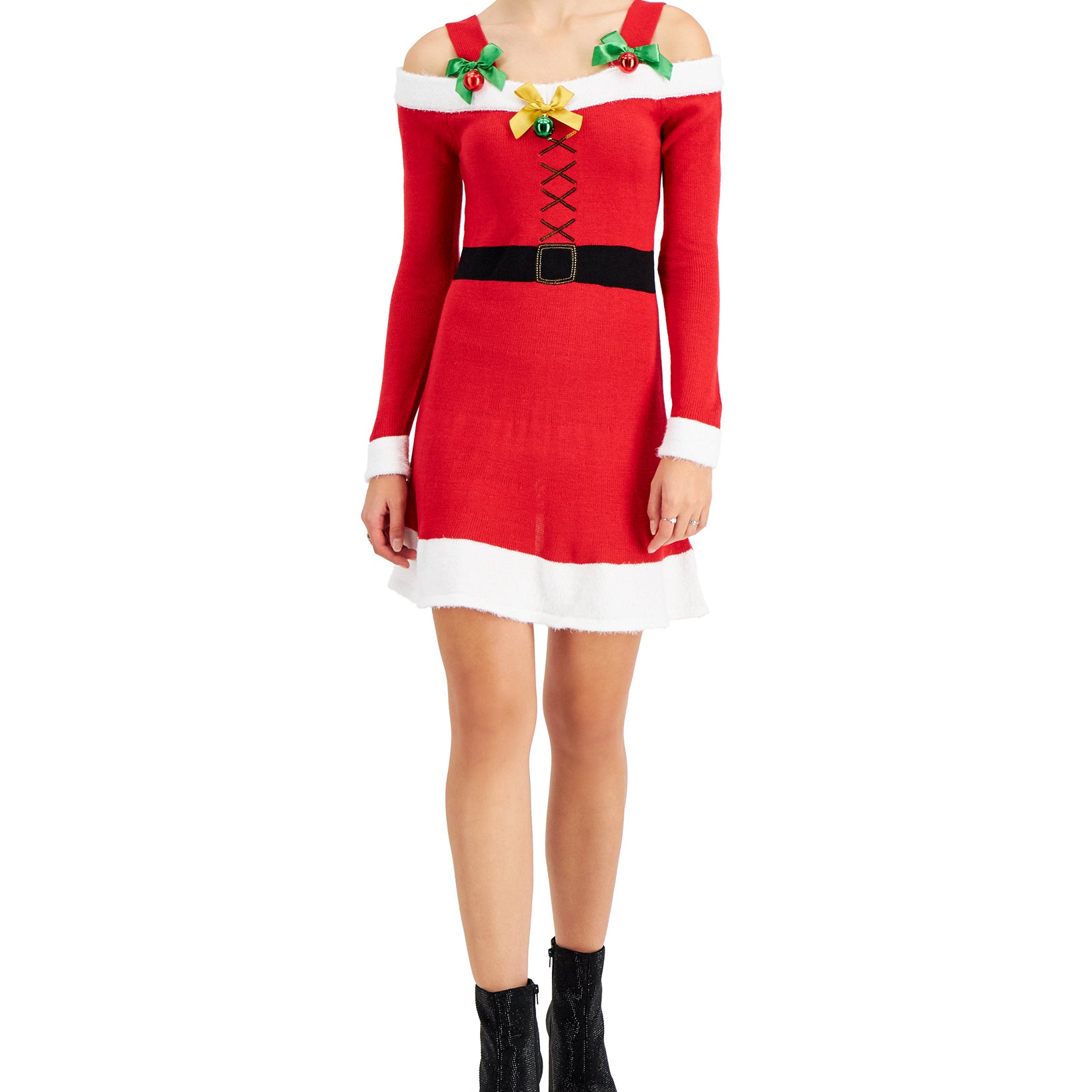 Planet Gold Women Off The Shoulder Bow Sweater Dress Red