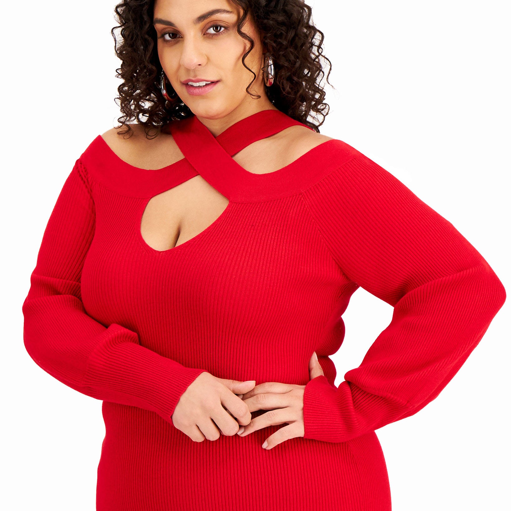 FULL CIRCLE TRENDS Women Plus Trendy Crossover Shoulder Ribbed Sweater Dress