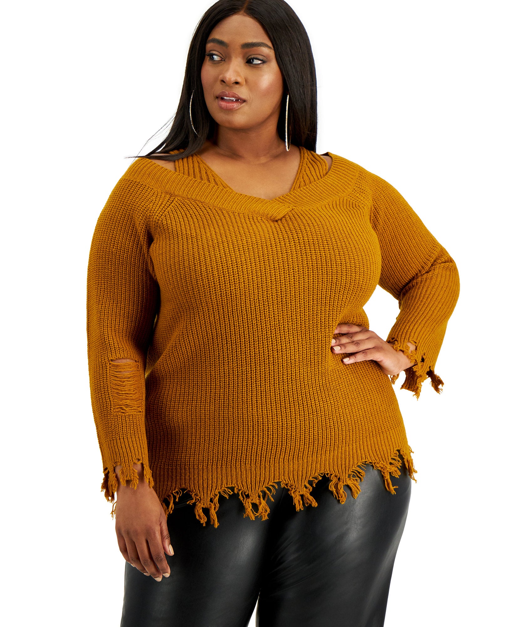 FULL CIRCLE TRENDS Women Plus Trendy Ripped Edge Sweater Cathay Spice