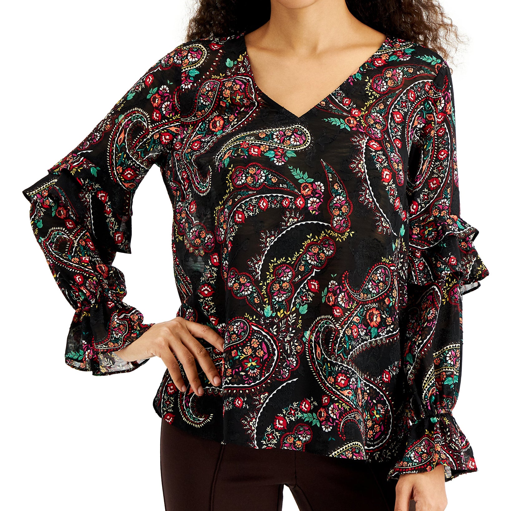 JM Collection Women Paisley Print Ruffled Sleeve Top Deep Black Combo