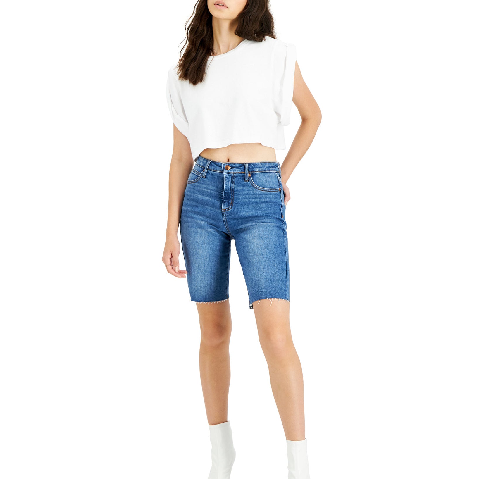 OAT Women High Rise Bermuda Jean Shorts Medium Malta