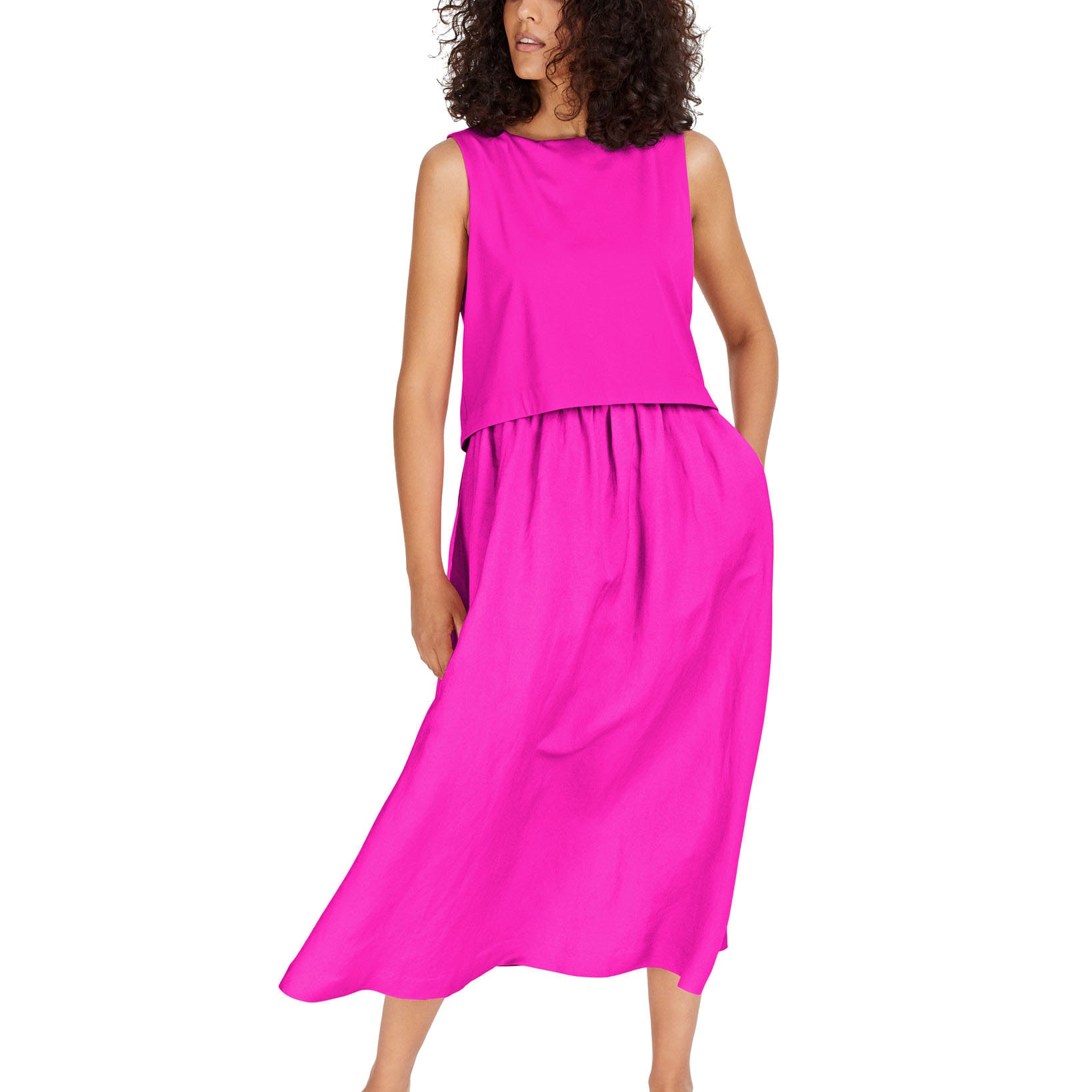 Alfani Women Layered Look Midi Sleeveless Dress Fuchsia Pop
