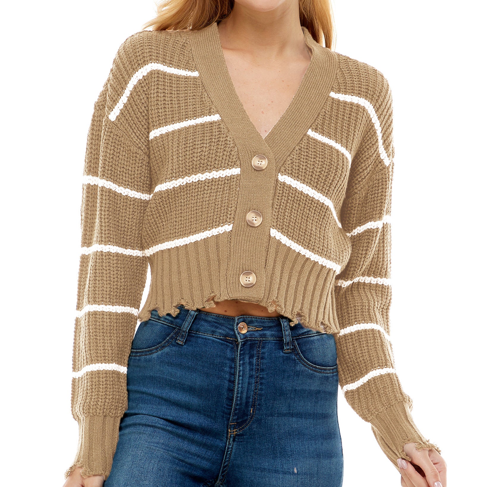 Ultra Flirt Juniors Striped Cropped Cardigan Mushroom
