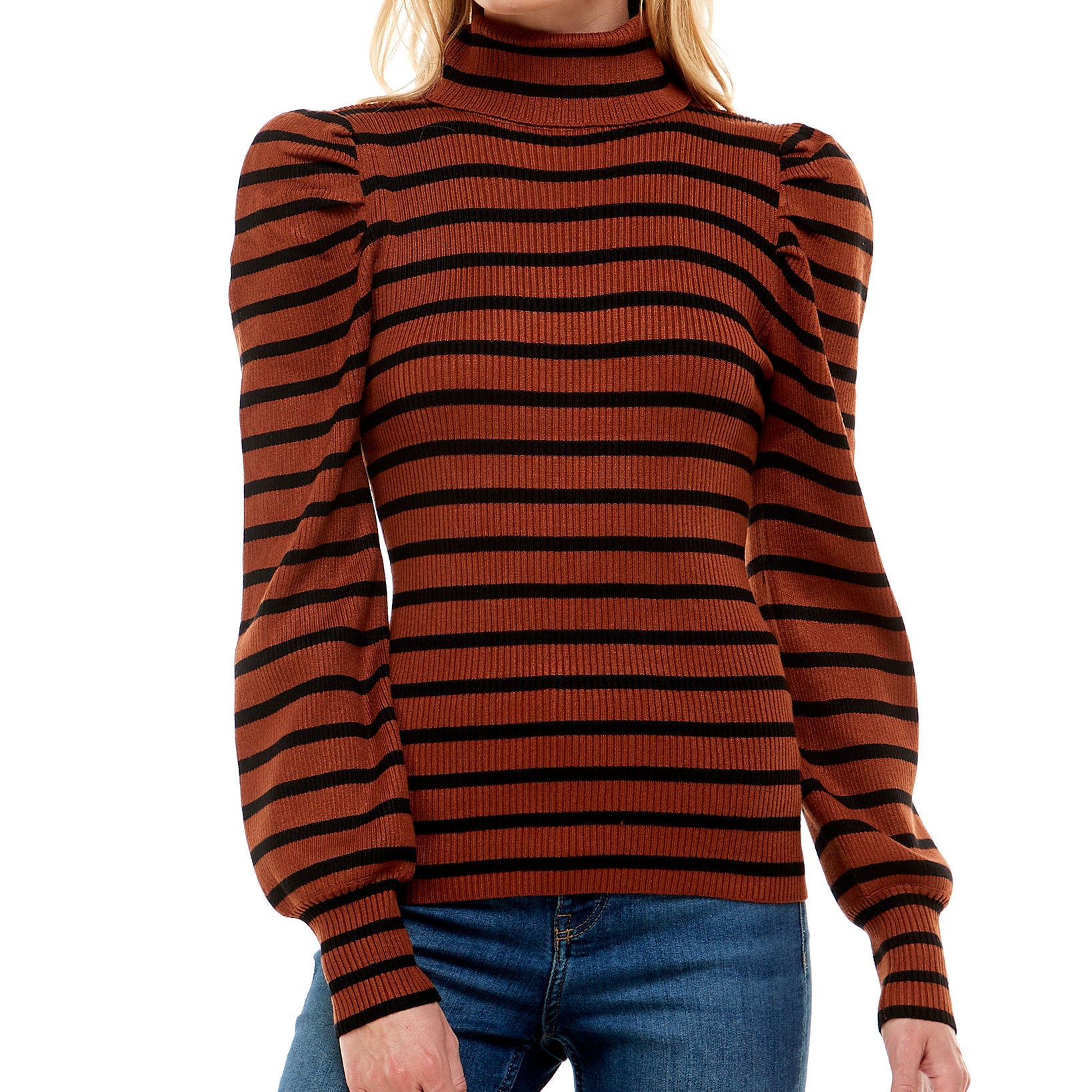 Crave Fame Women Striped Puff Sleeve Ribbed Sweater Umber