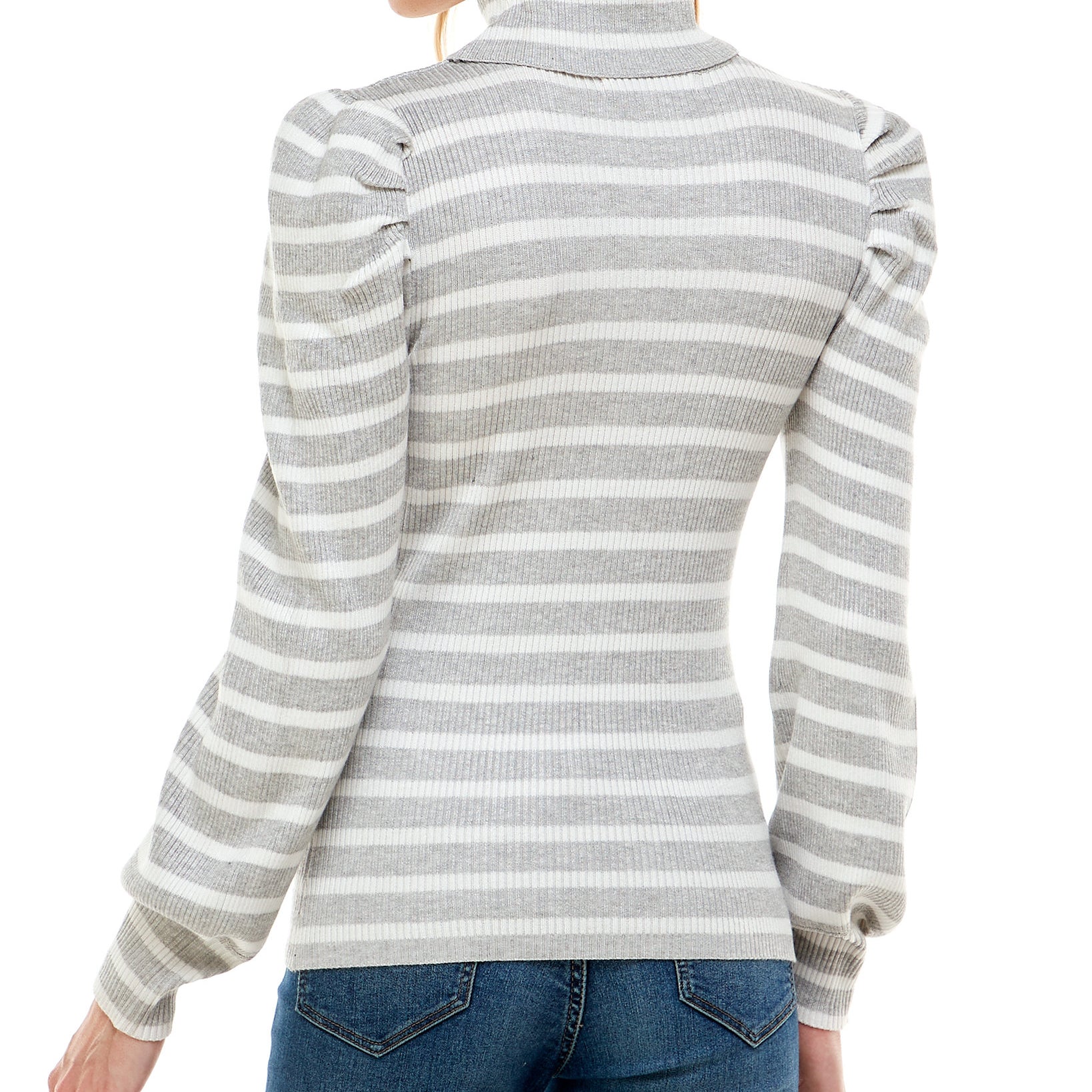 Crave Fame Women Striped Puff Sleeve Ribbed Sweater