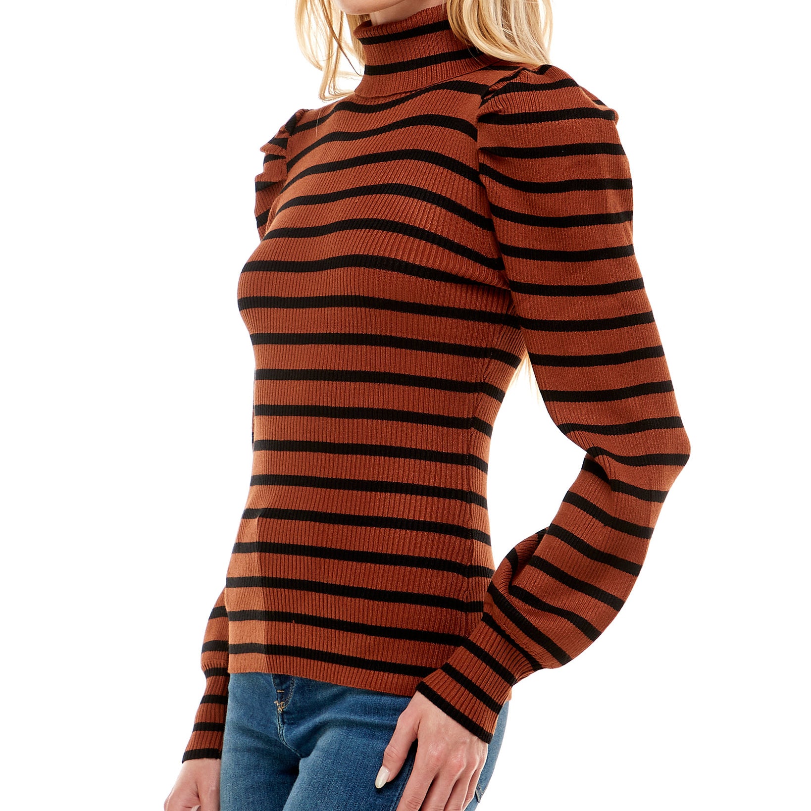 Crave Fame Women Striped Puff Sleeve Ribbed Sweater