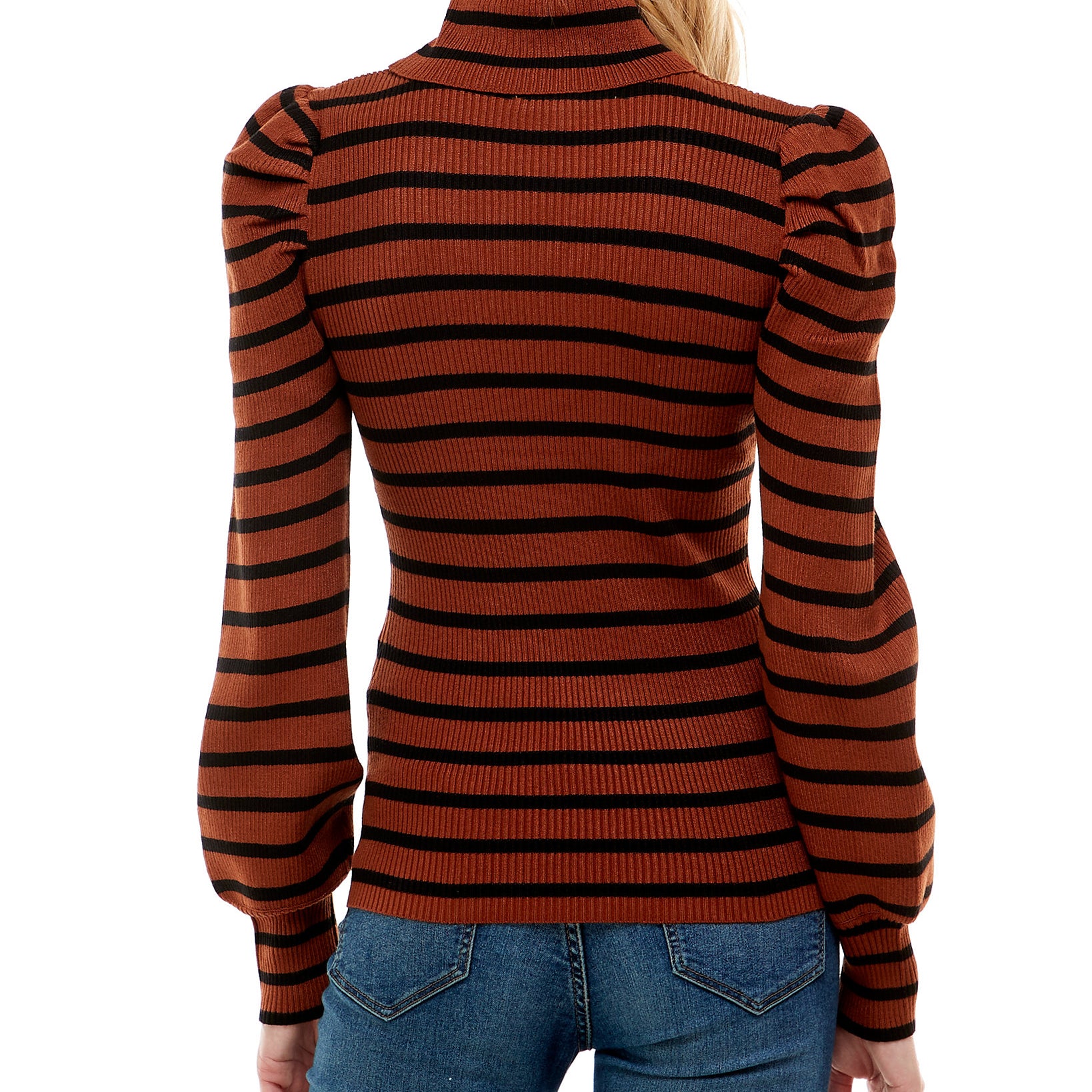 Crave Fame Women Striped Puff Sleeve Ribbed Sweater