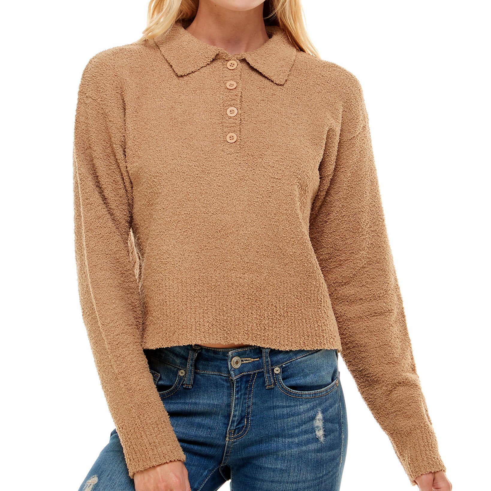 Ultra Flirt Women Fuzzy Polo Top Camel