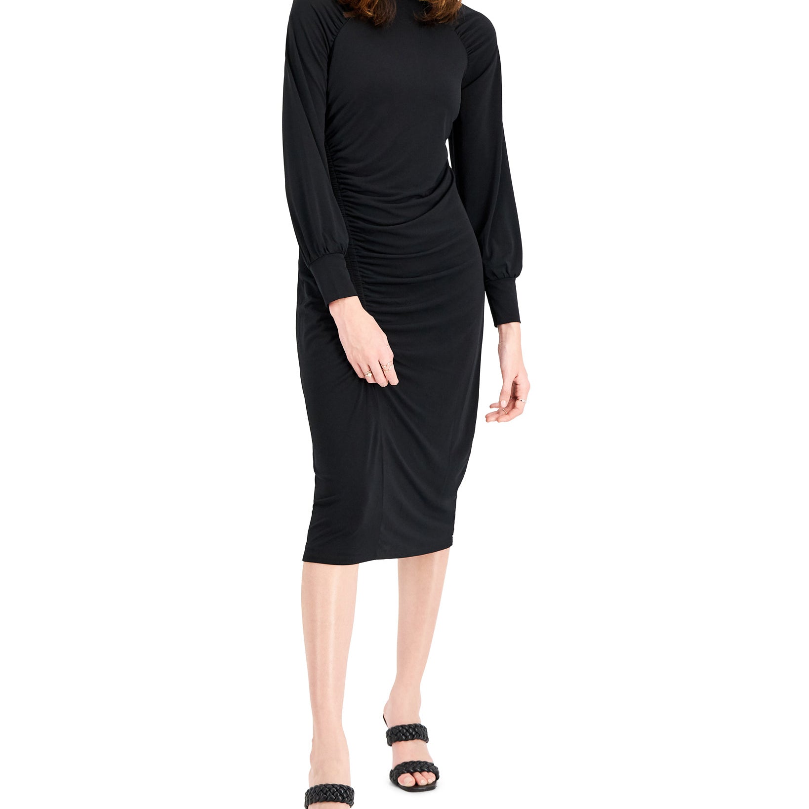 INC International Concepts Women Mock Neck Ruched Dress Deep Black