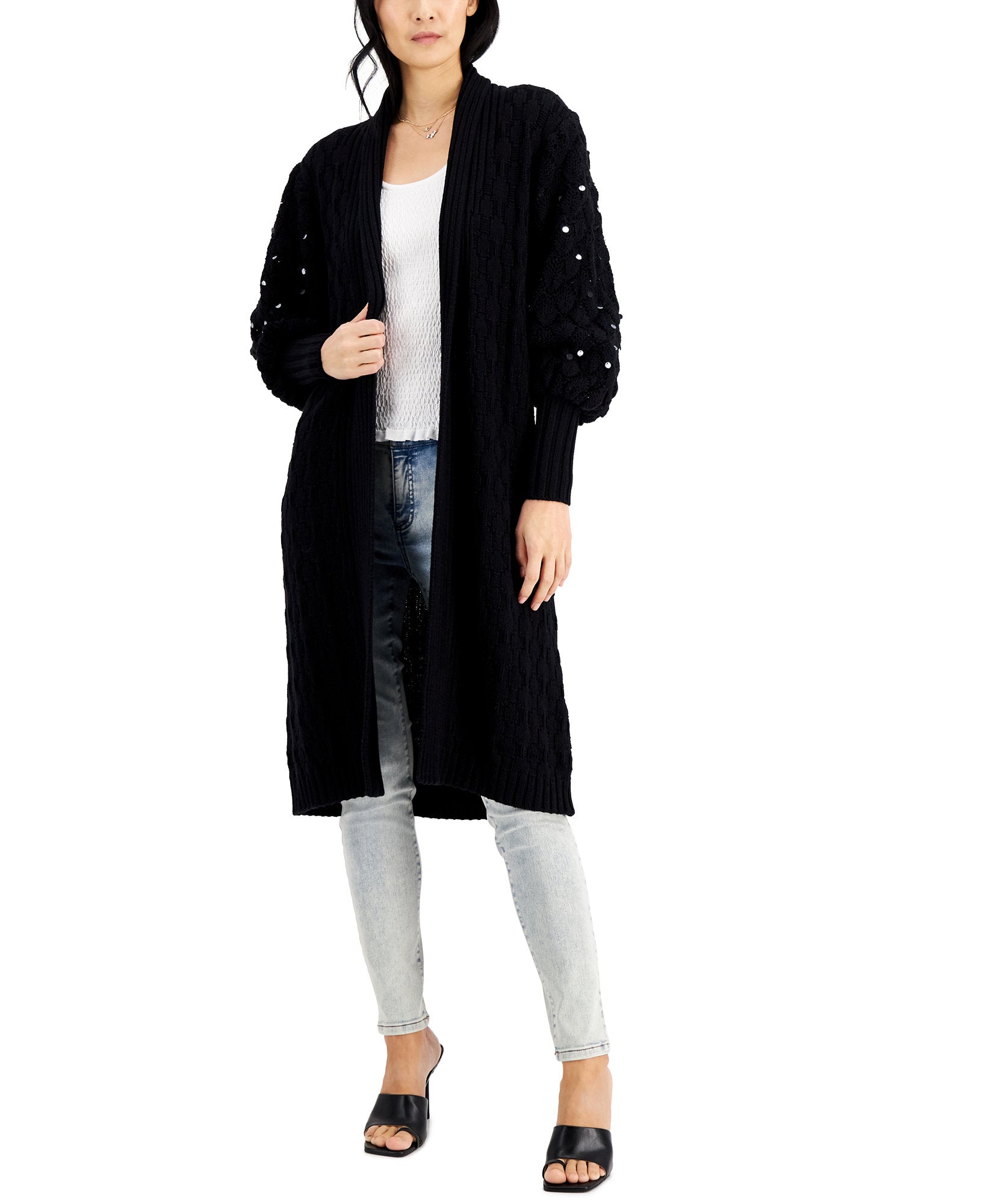 INC International Concepts Women Embellished Sleeve Cardigan Deep Black