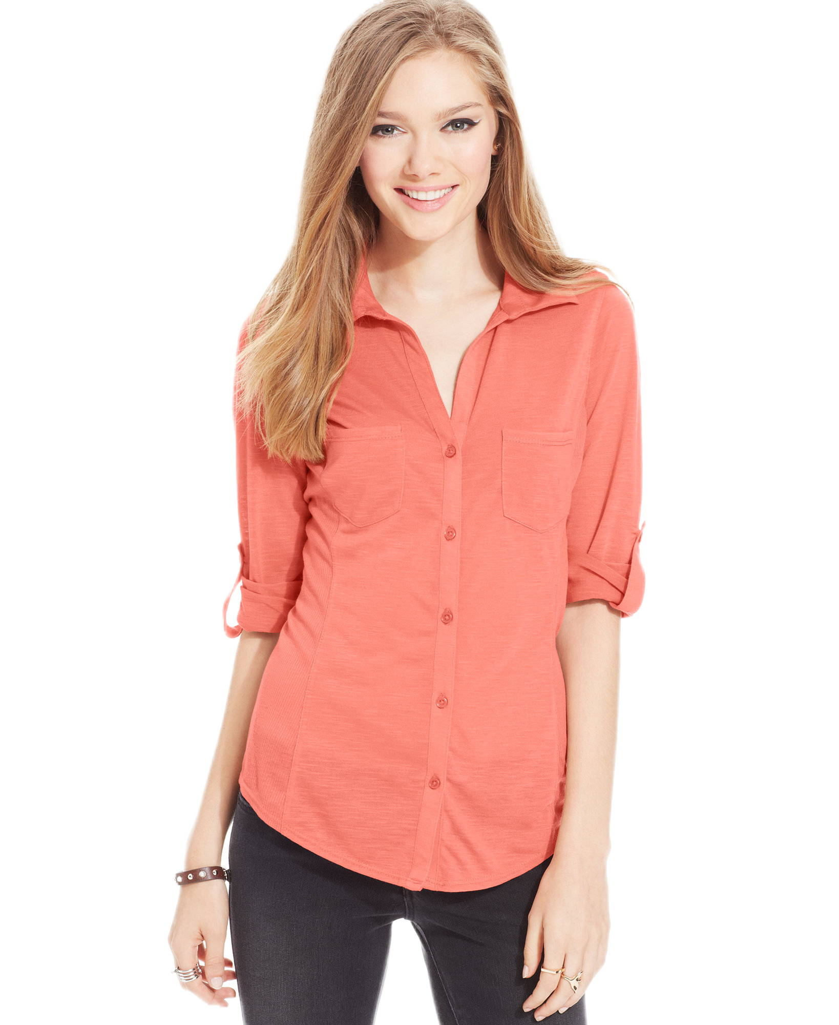 Almost Famous Juniors Ribbed Panel Button Down Top Bright Coral
