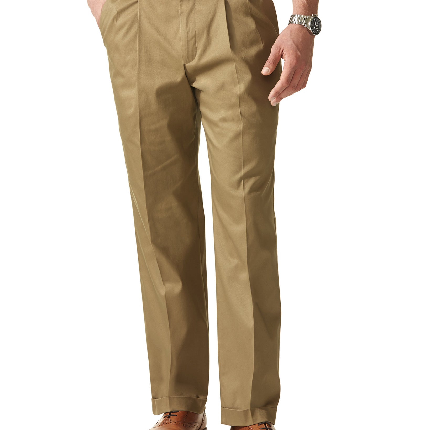 Dockers Men Stretch Classic Fit Iron Free Khaki Pants Pleated Safari Beige