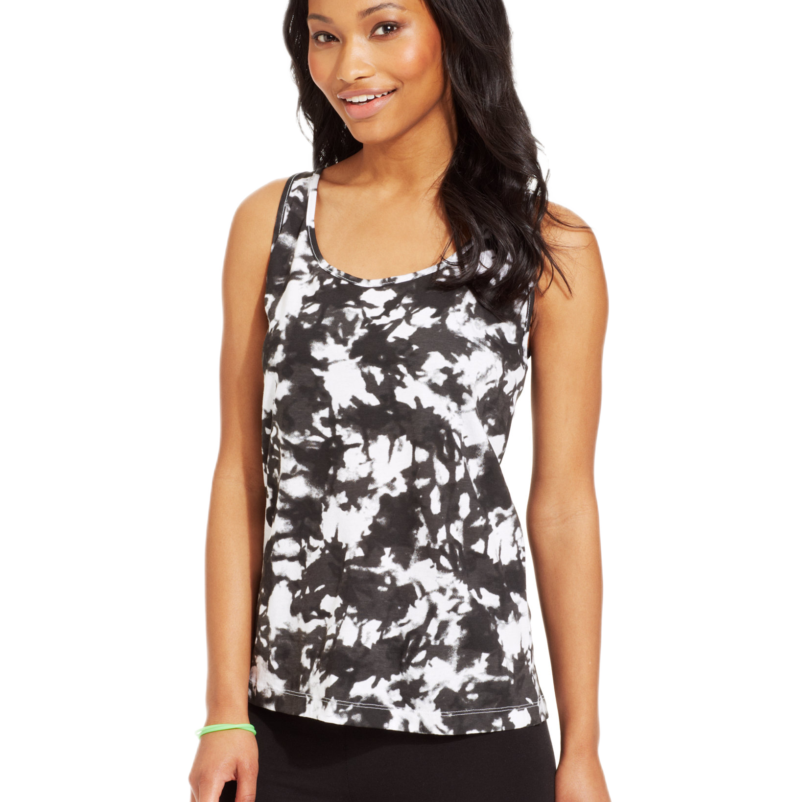 Material Girl Juniors Sleeveless Scoop Neck Tank Top Black White Tie Dye