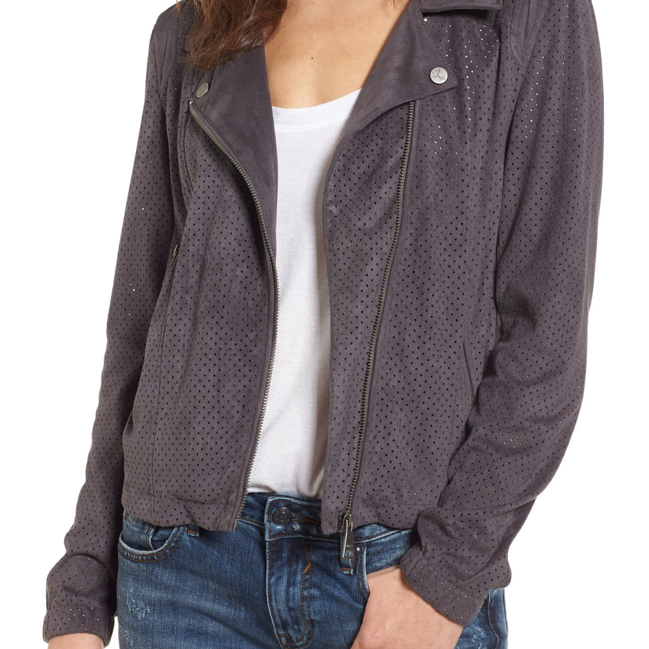 Vigoss Women Perforated Faux Suede Moto Jacket Rock