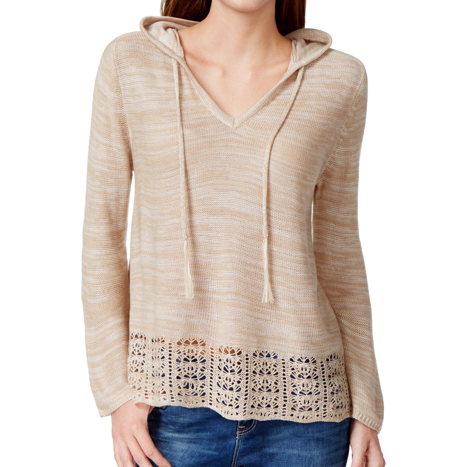 Its Our Time Women Space Dyed Pointelle Hem Hoodie Sweater Neutral Marl Combo